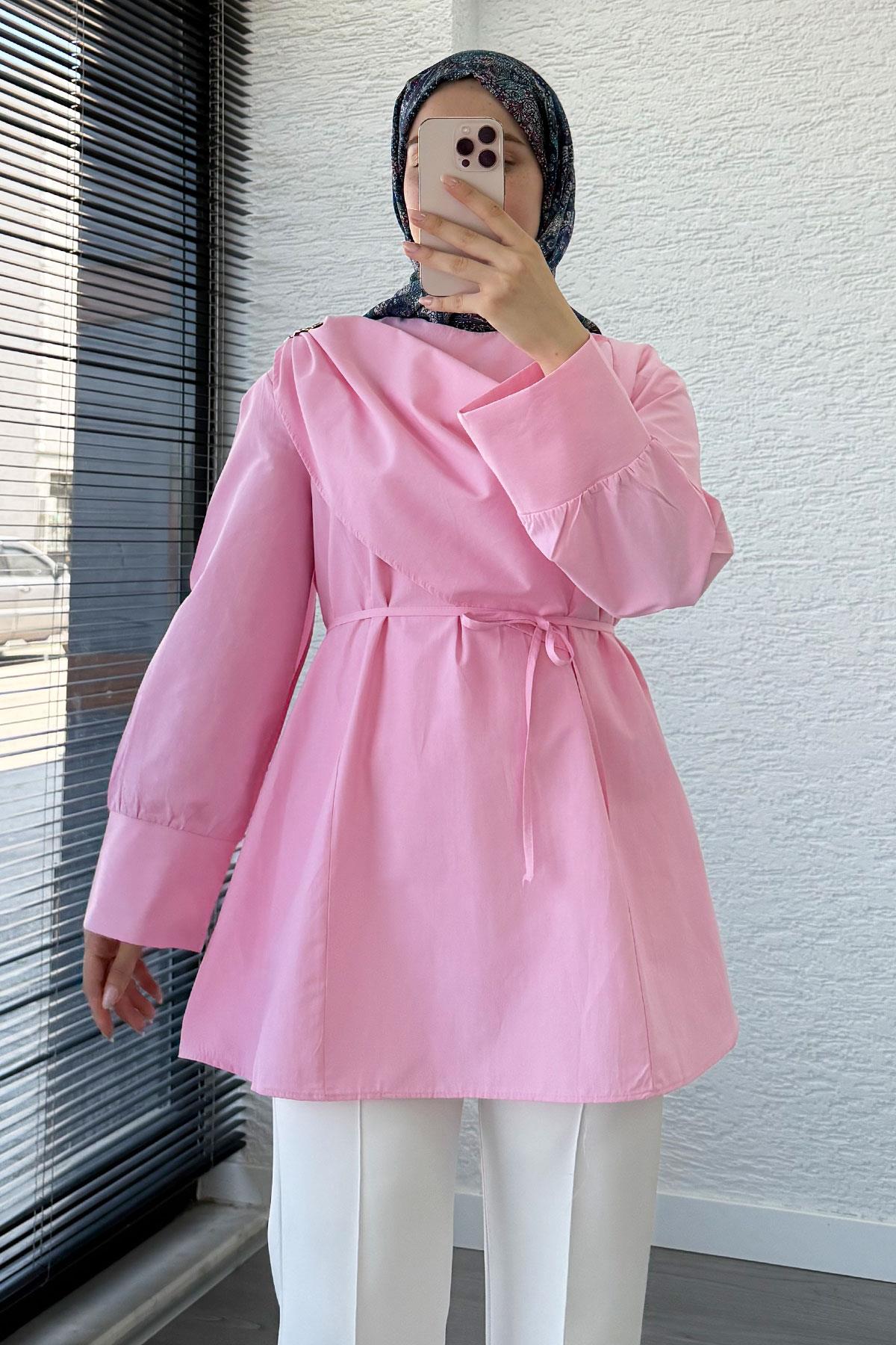 Şal Yaka Broş Detaylı Poplin Tunik – Pembe