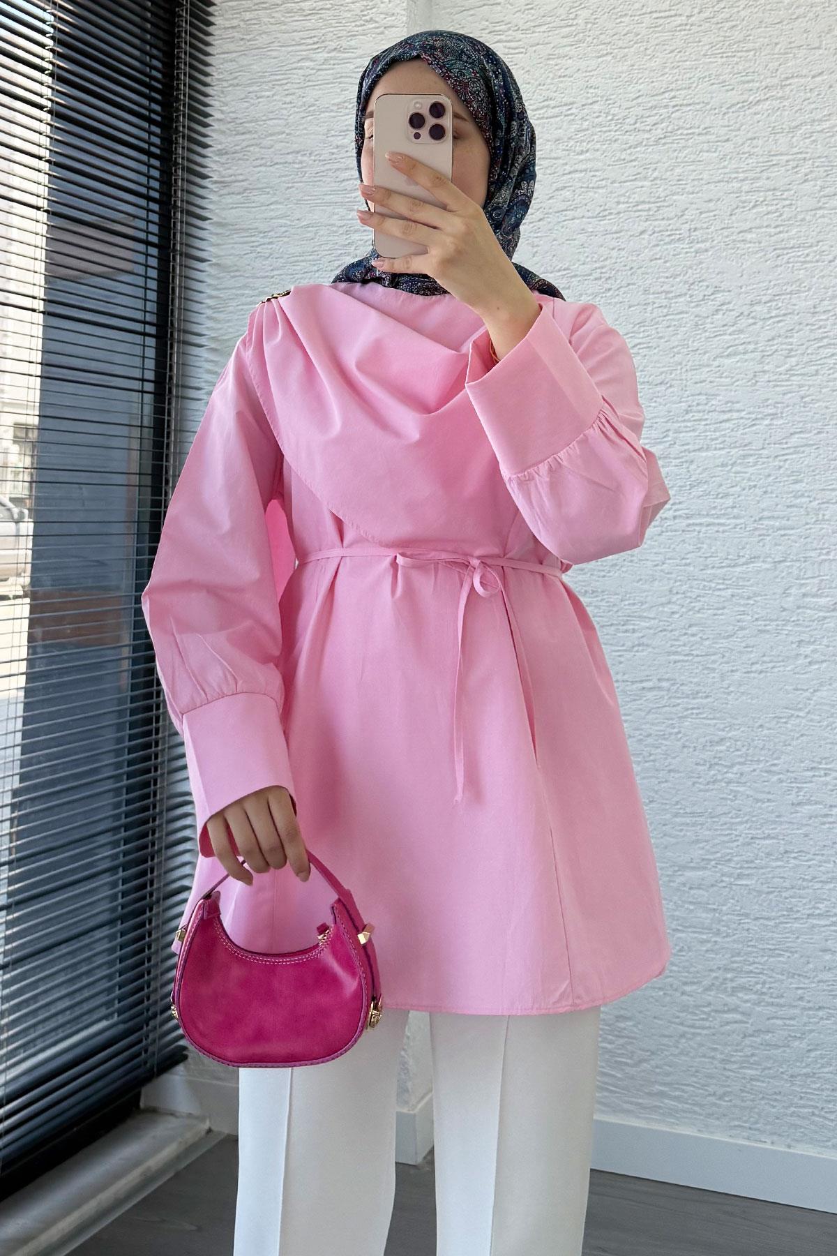 Şal Yaka Broş Detaylı Poplin Tunik – Pembe
