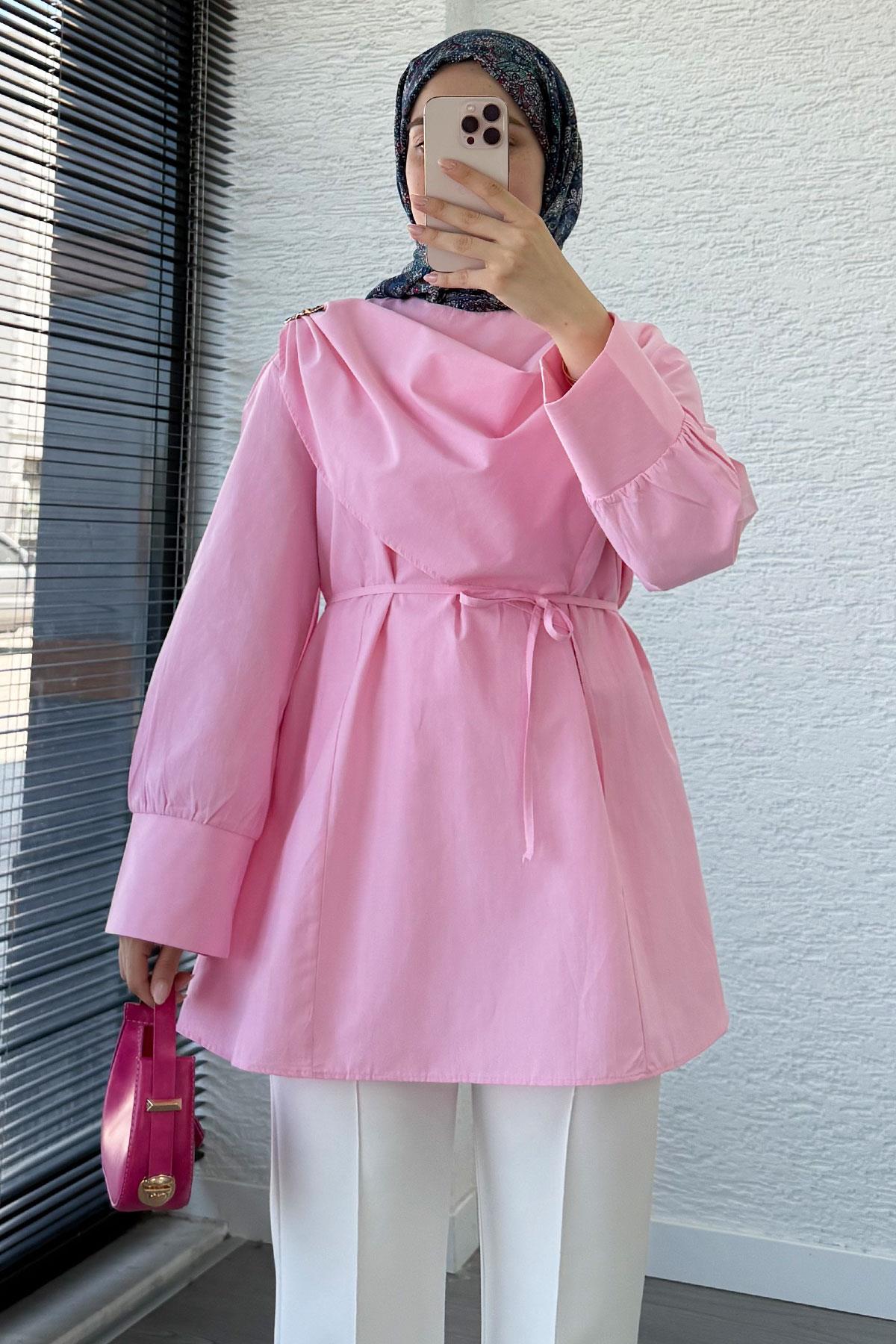 Şal Yaka Broş Detaylı Poplin Tunik – Pembe
