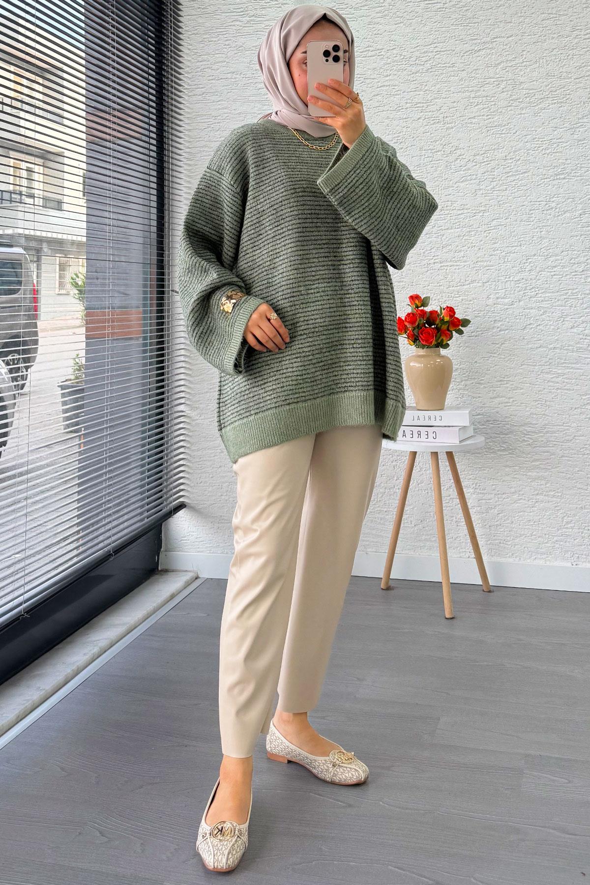 Sim Geçişli Oversize Kadın Triko Kazak – Mint