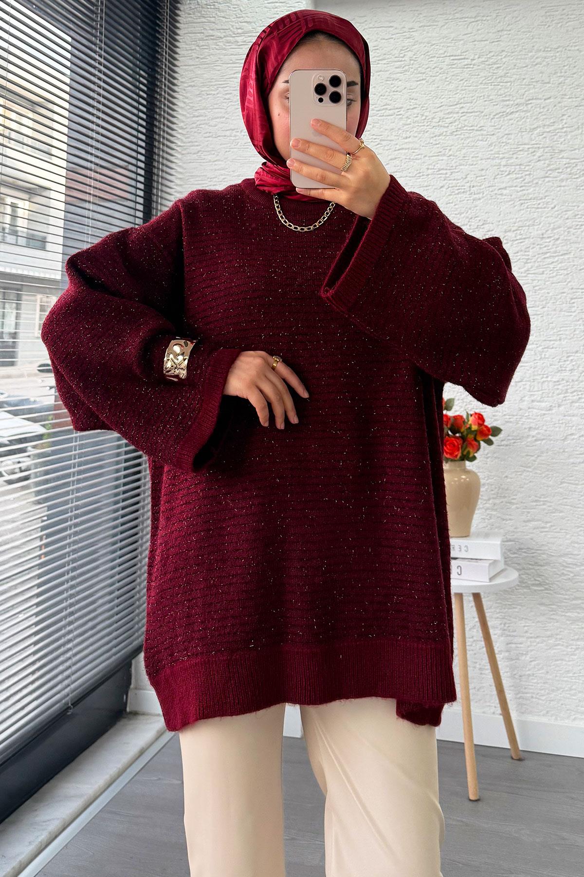 Sim Geçişli Oversize Kadın Triko Kazak – Bordo