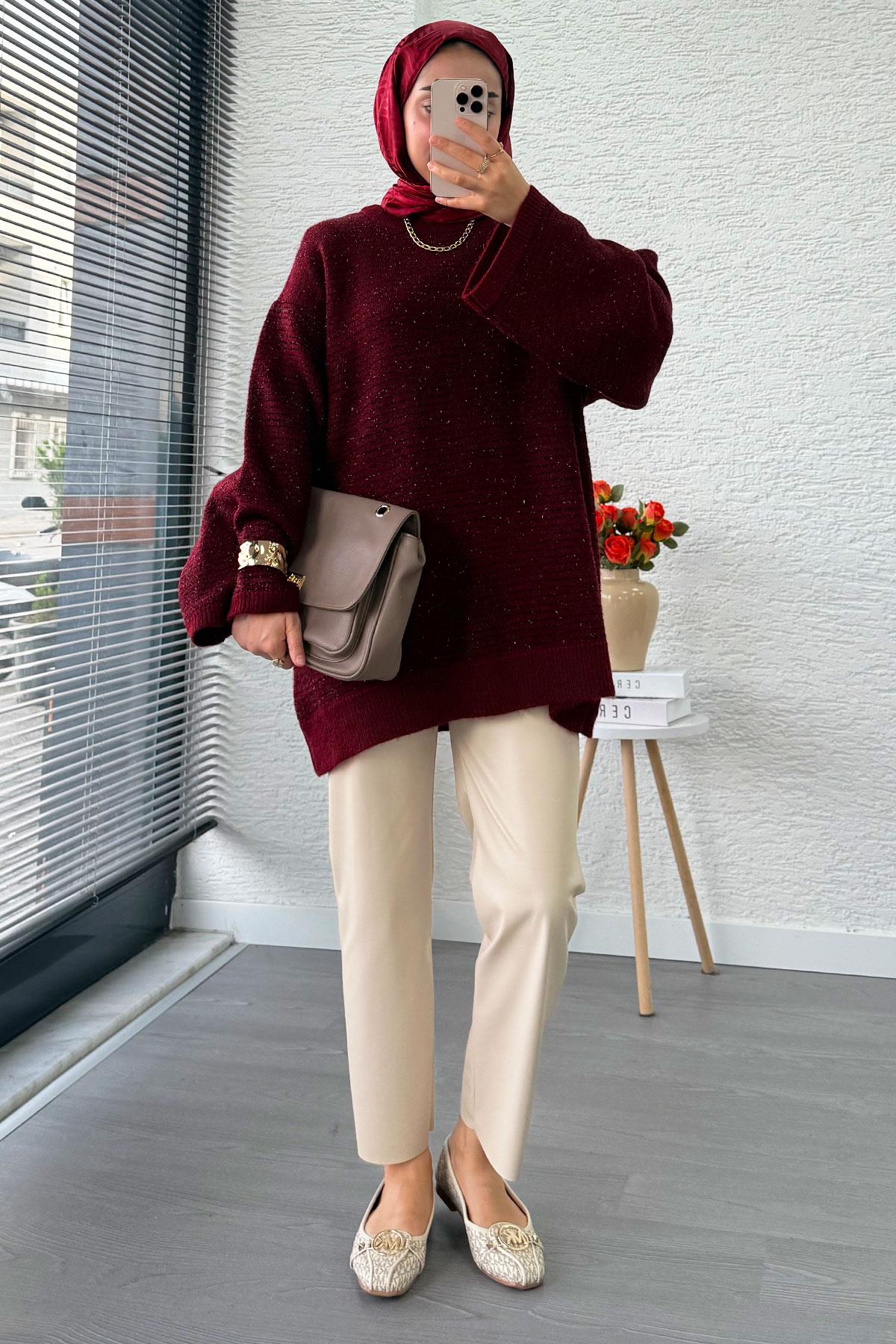 Sim Geçişli Oversize Kadın Triko Kazak – Bordo