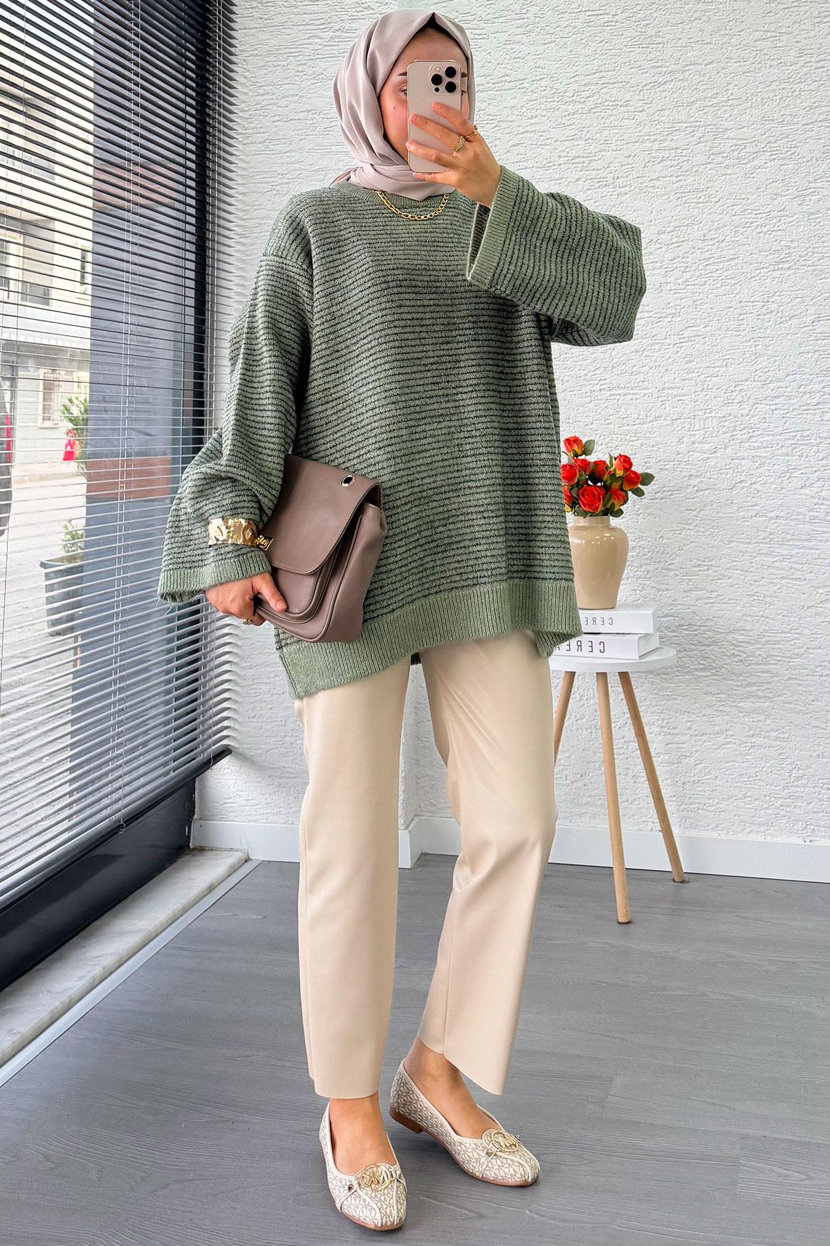 Sim Geçişli Oversize Kadın Triko Kazak – Mint