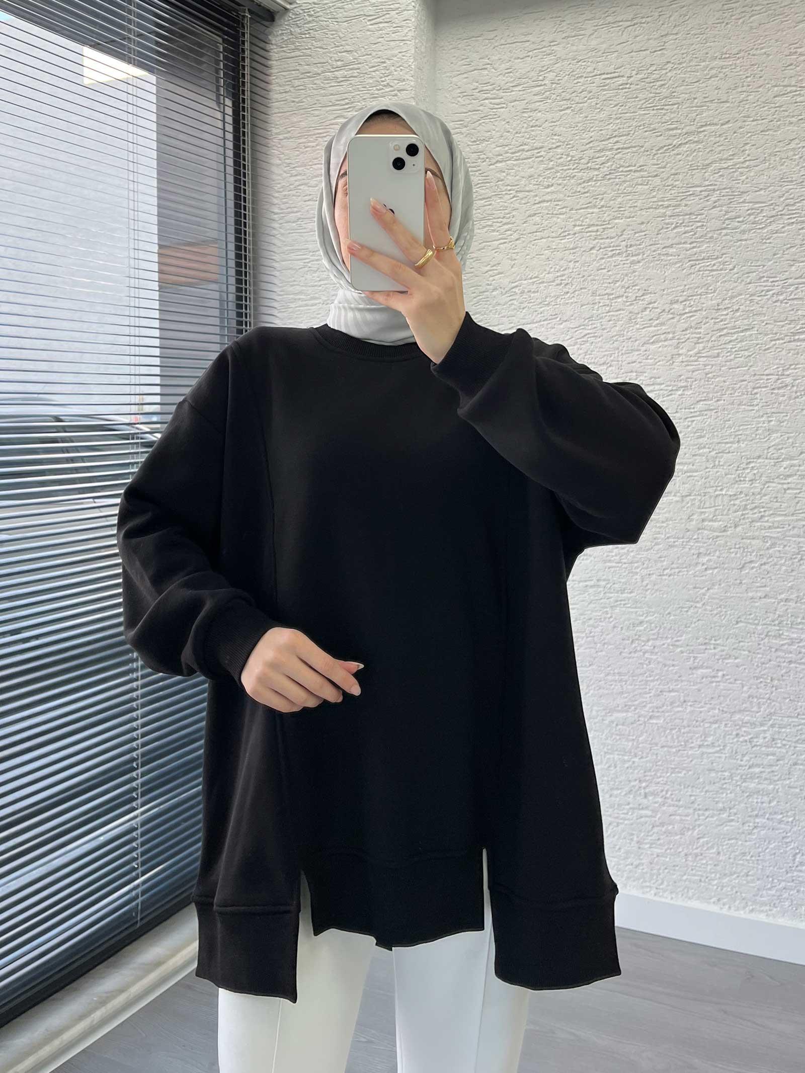 Siyah Arka Fermuar Detaylı Oversize Sweat