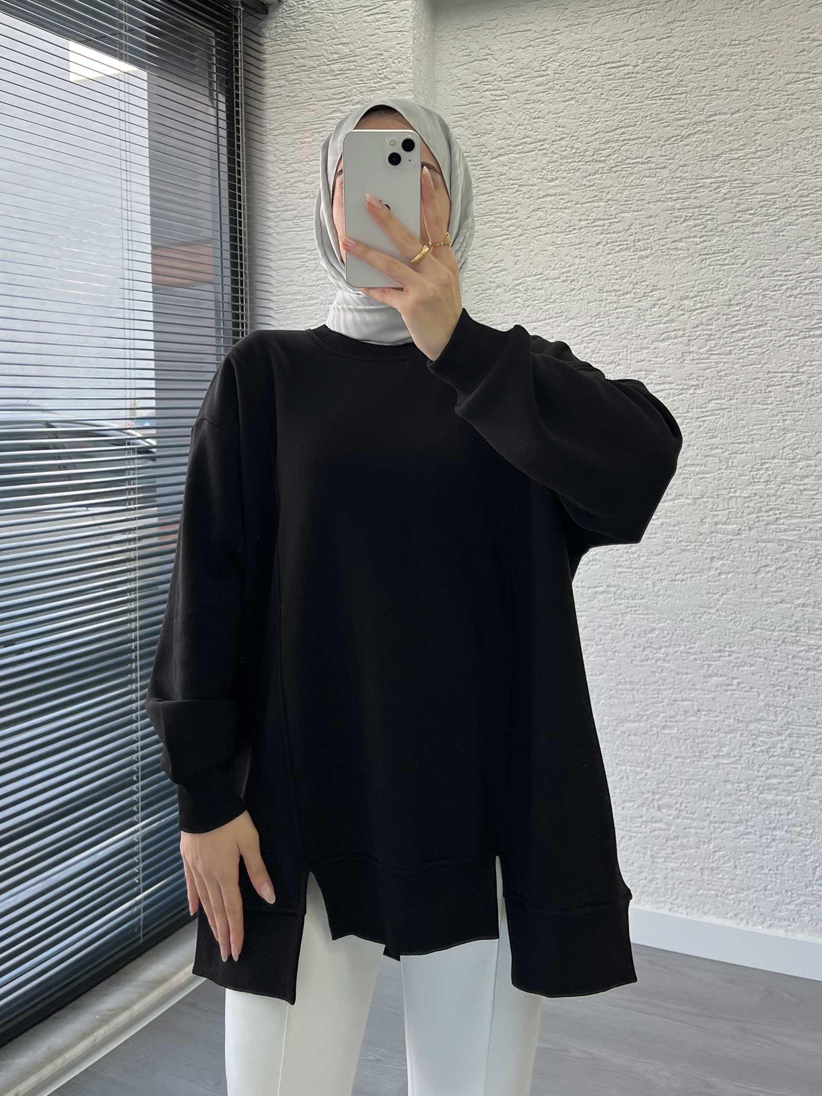 Siyah Arka Fermuar Detaylı Oversize Sweat