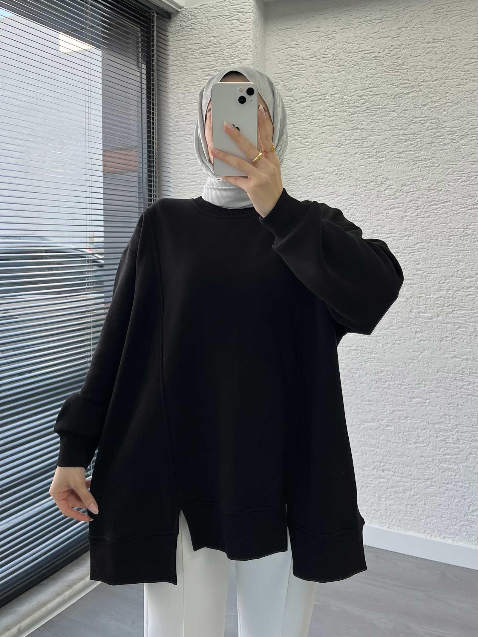 Siyah Arka Fermuar Detaylı Oversize Sweat