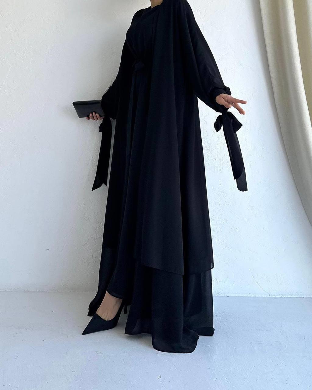 Siyah Ella Şifon Abaya Takım