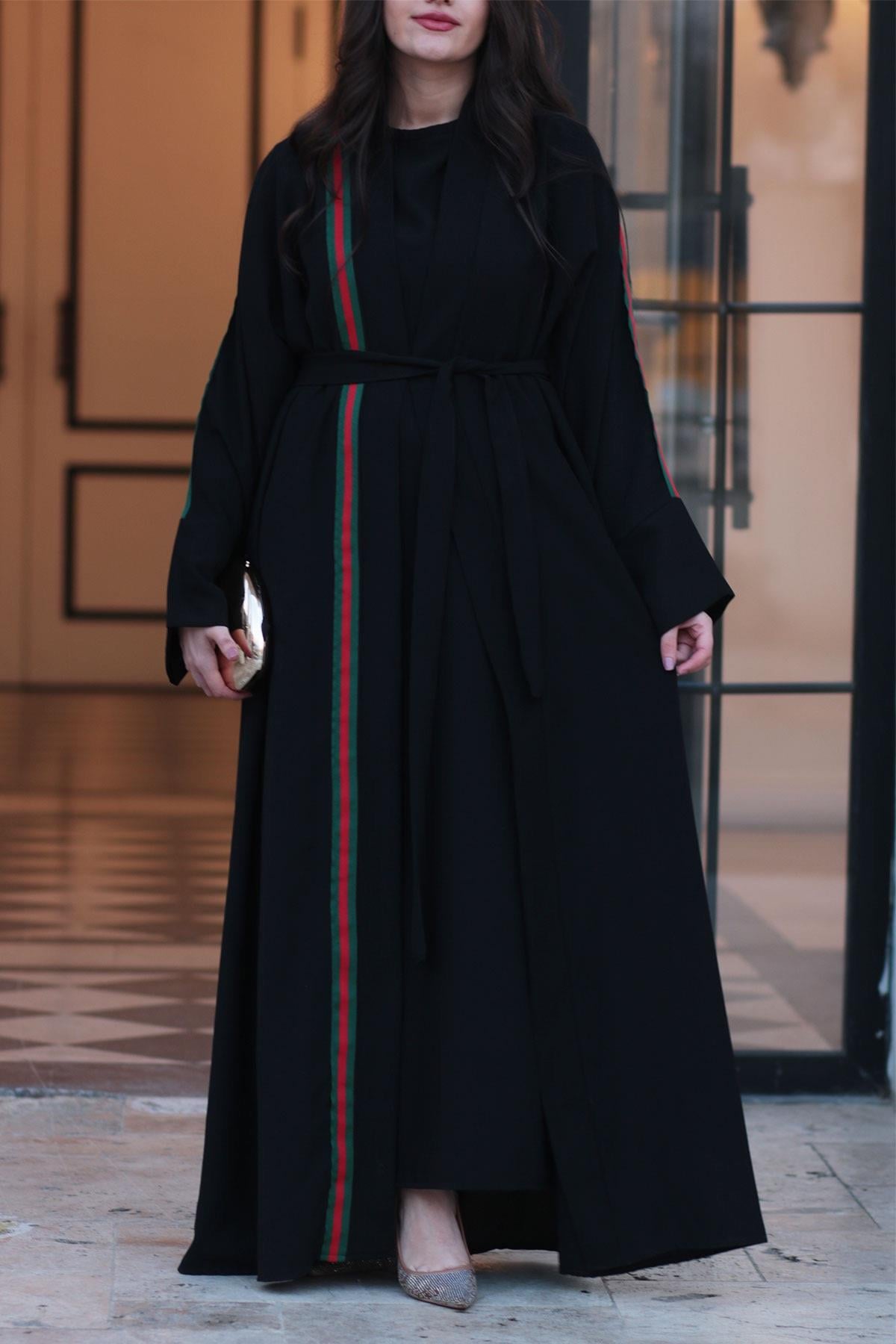 Siyah G.cci Şeritli Abaya