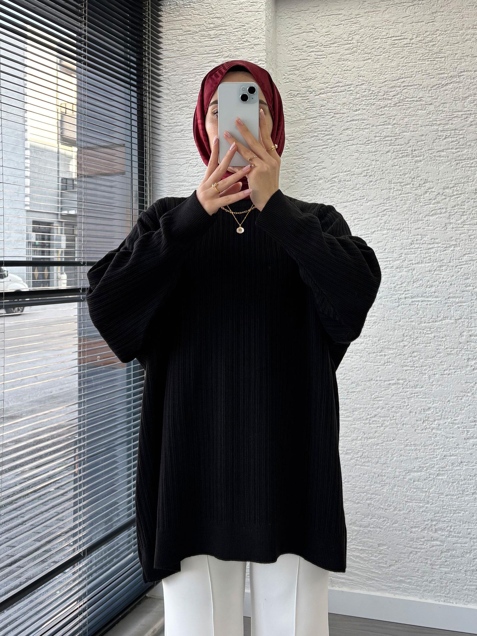 Siyah Kadın Fitilli Oversize Kazak
