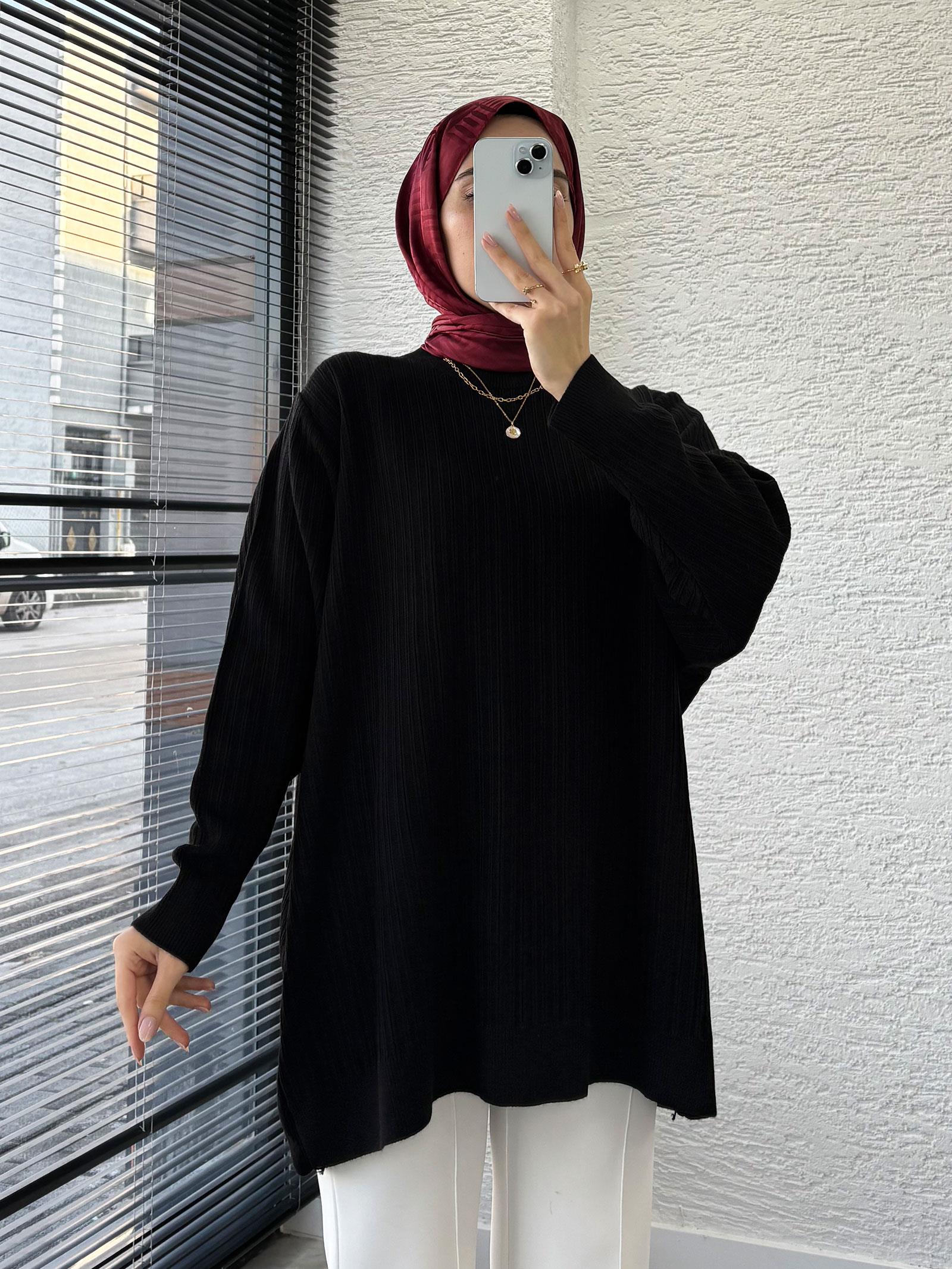 Siyah Kadın Fitilli Oversize Kazak