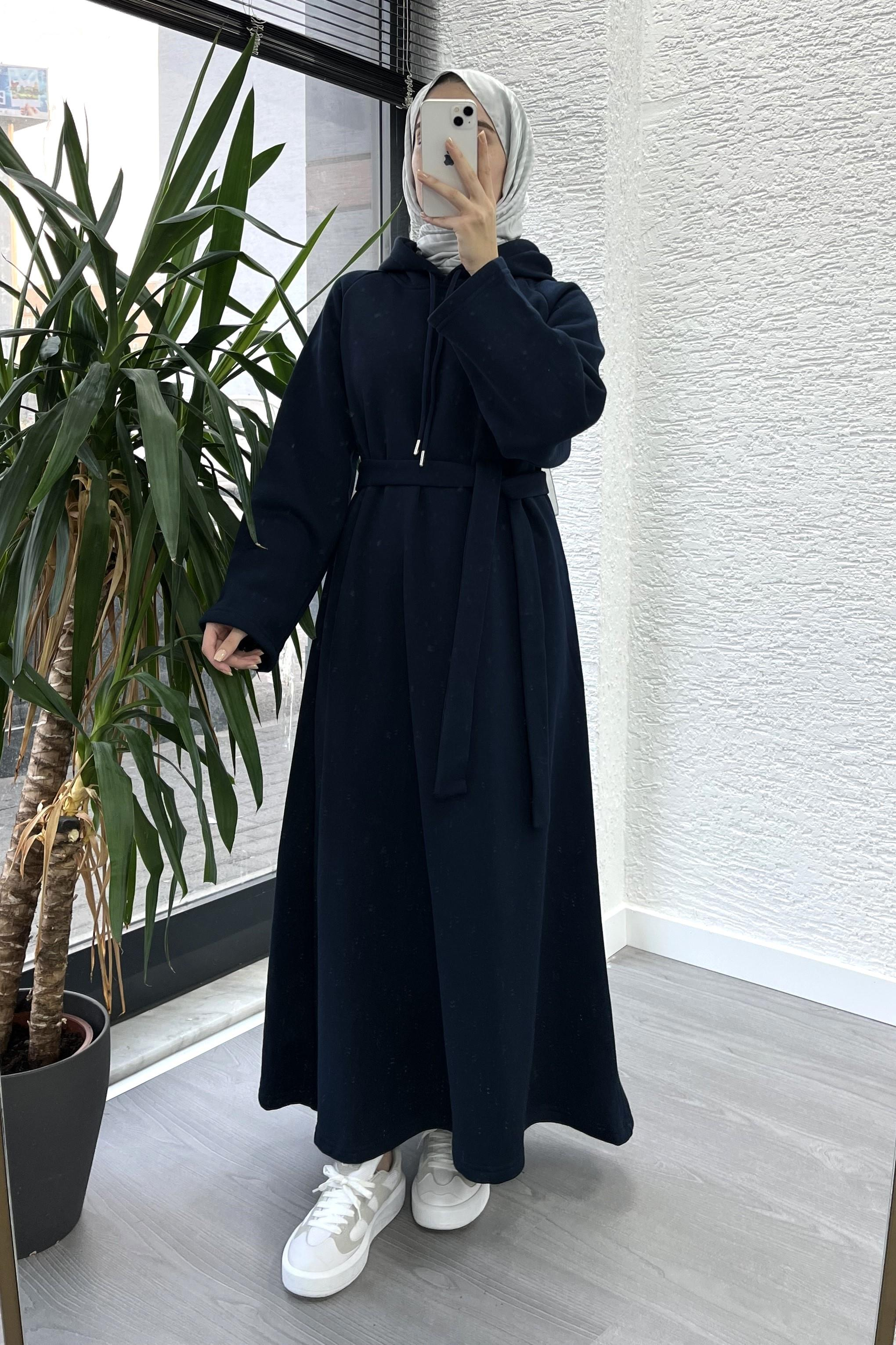 Siyah Kapşonlu Oversize Sweat Elbise
