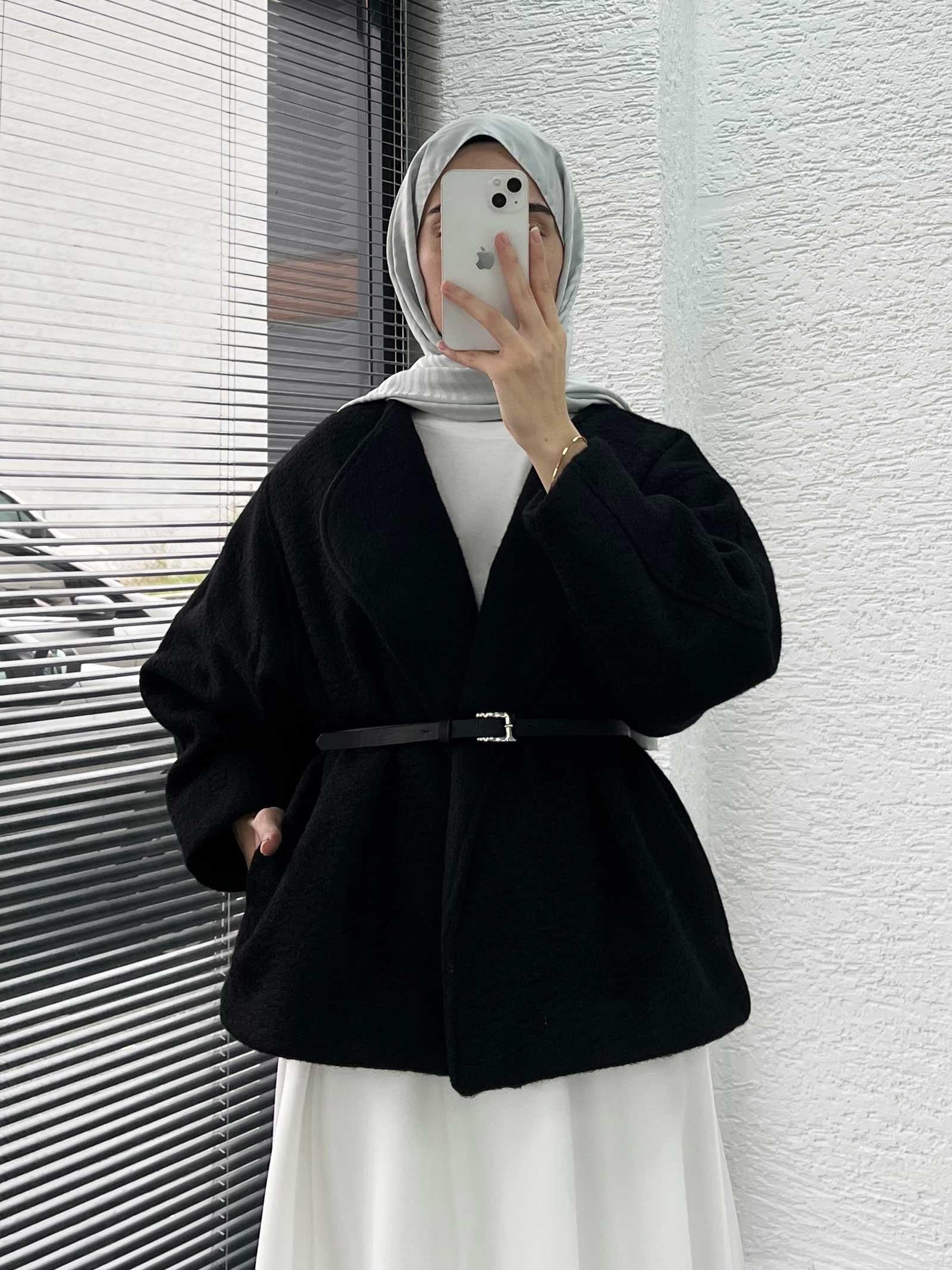 Siyah Kısa Oversize Kaşe Kaban
