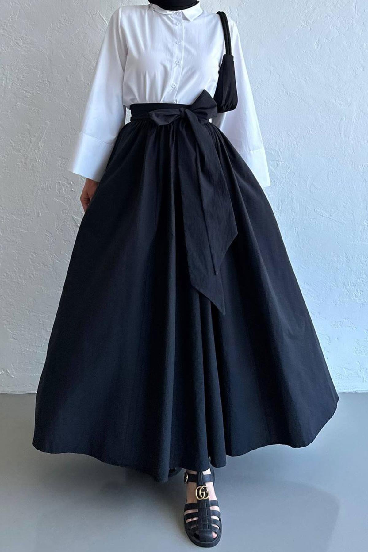 Siyah Linda Kuşaklı Maxi Etek