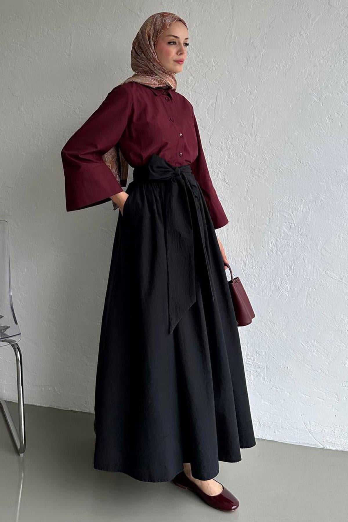 Siyah Linda Kuşaklı Maxi Etek