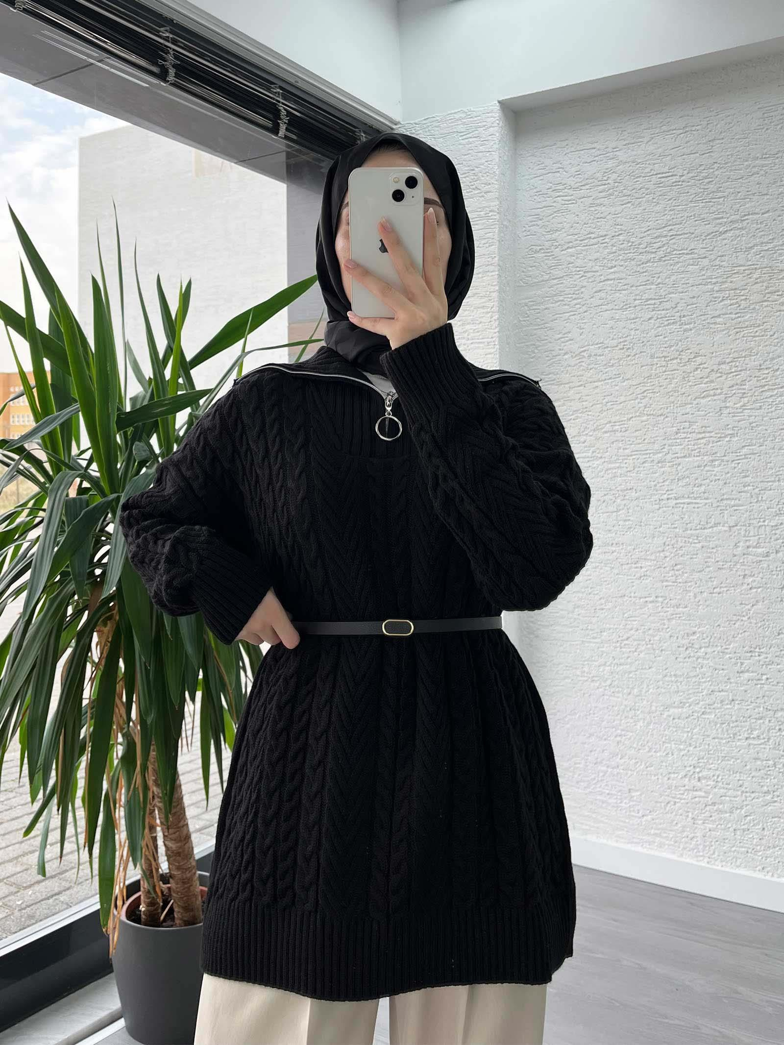 Siyah Örgü Desen Kazak Tunik