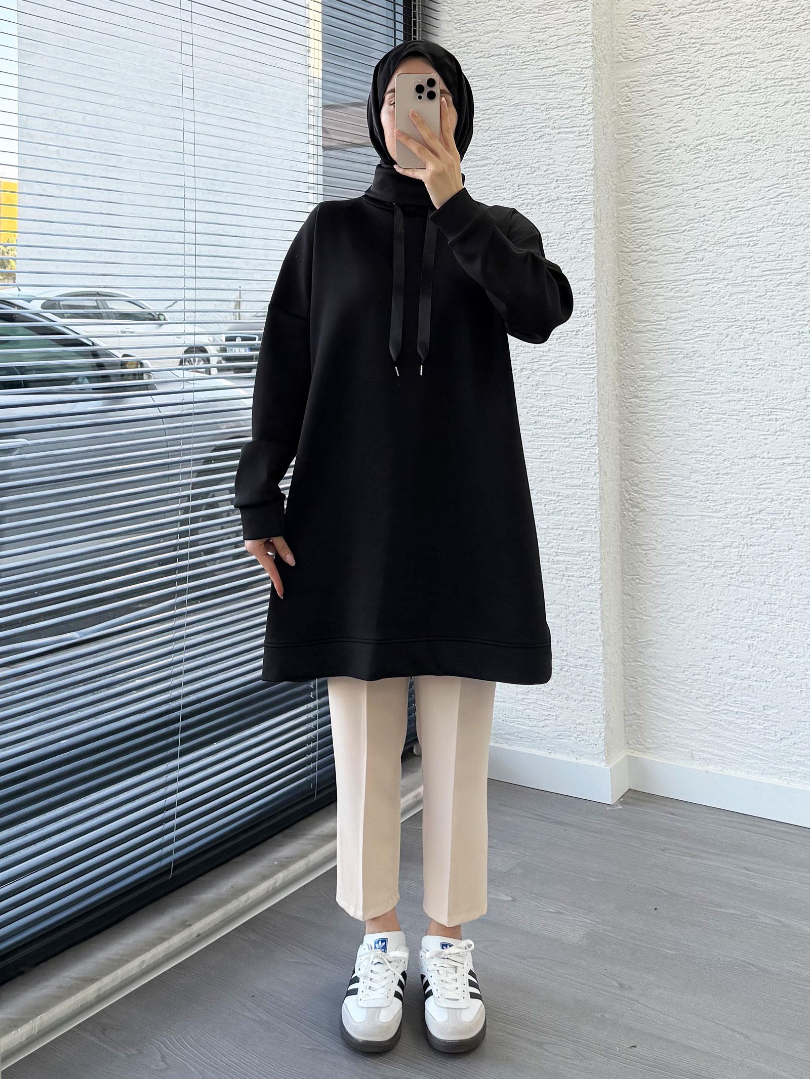 Siyah Scuba Kumaş Tunik