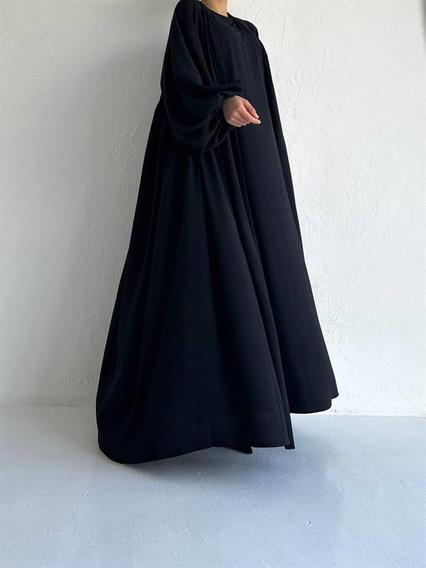 Siyah Yanları Büzgülü Abaya Takım