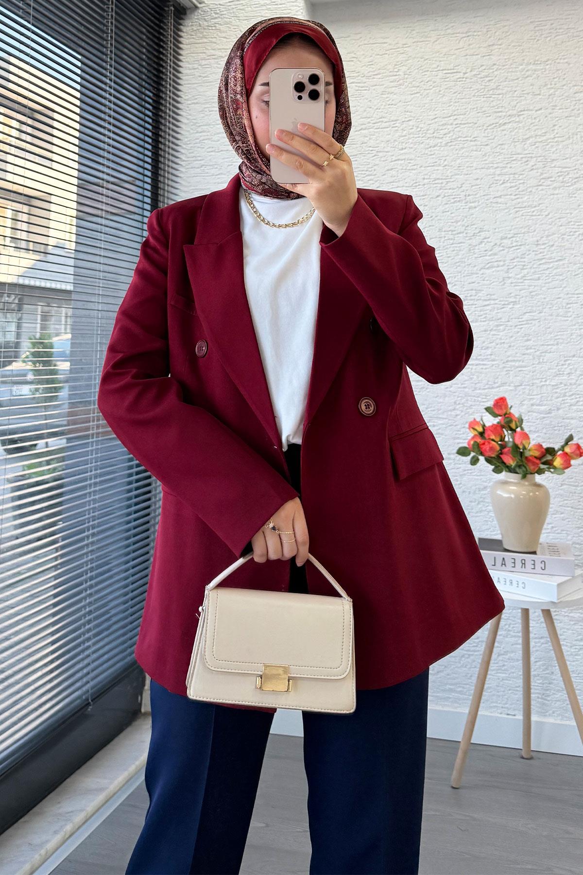 Slim Fit Kadın Blazer Ceket – Bordo