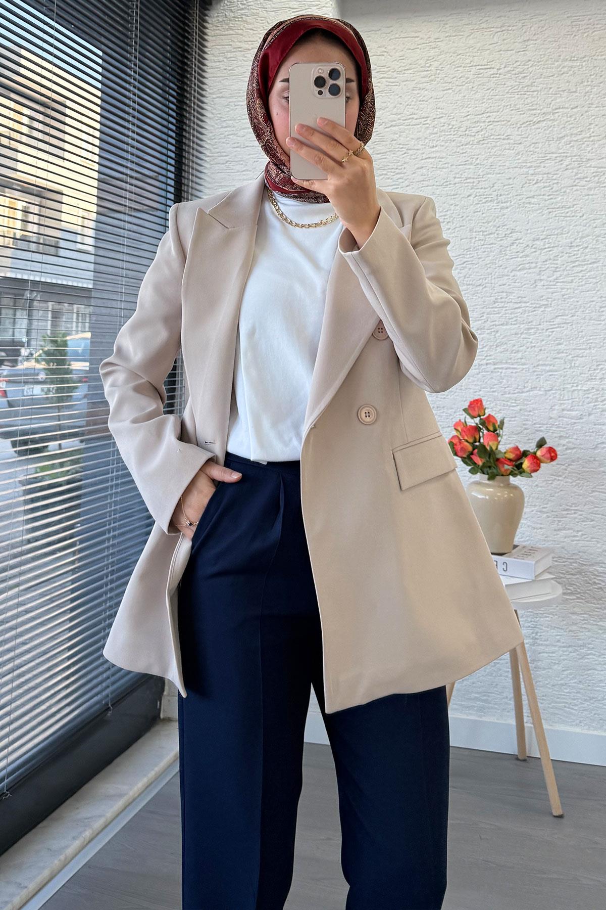 Slim Fit Kadın Blazer Ceket – Taş