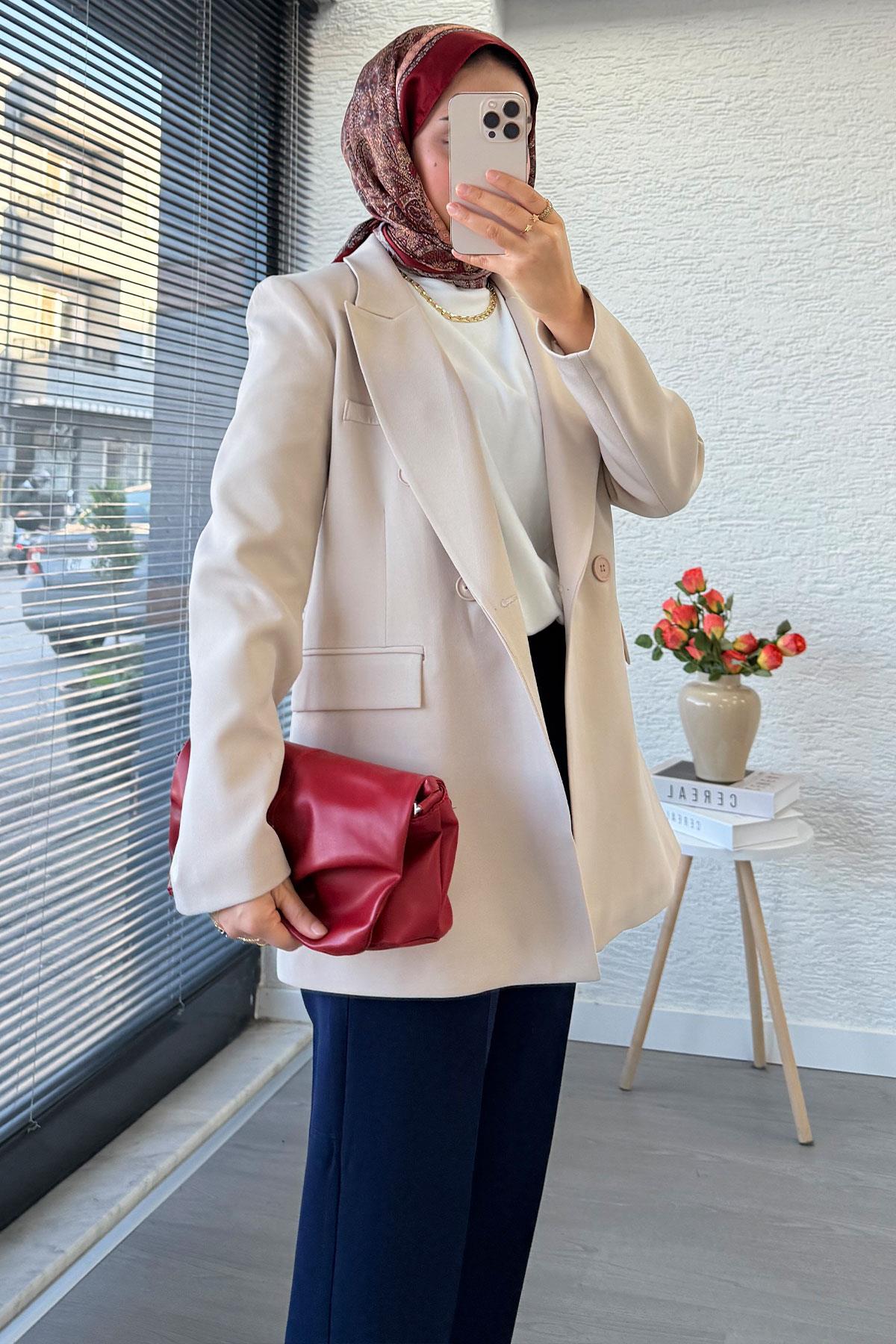 Slim Fit Kadın Blazer Ceket – Taş