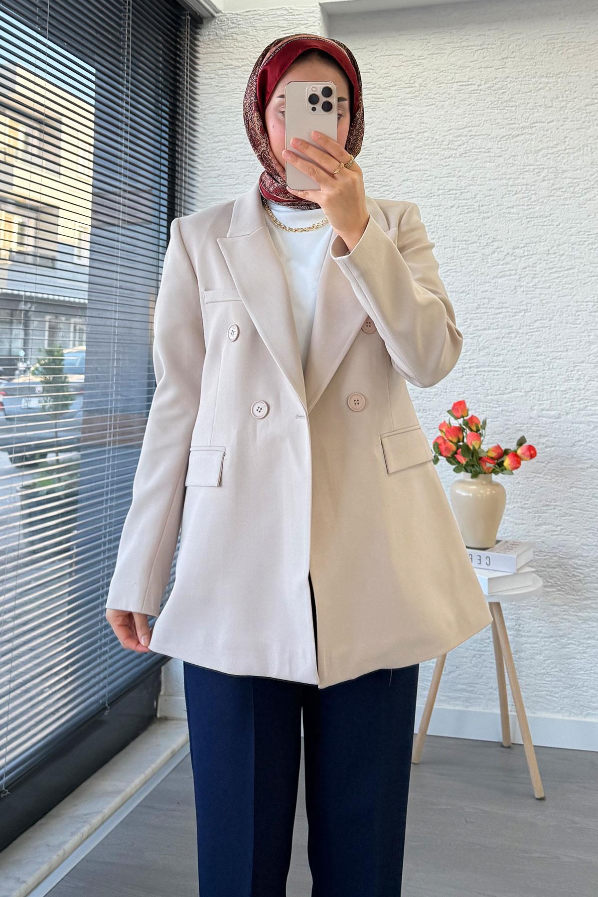 Slim Fit Kadın Blazer Ceket – Taş