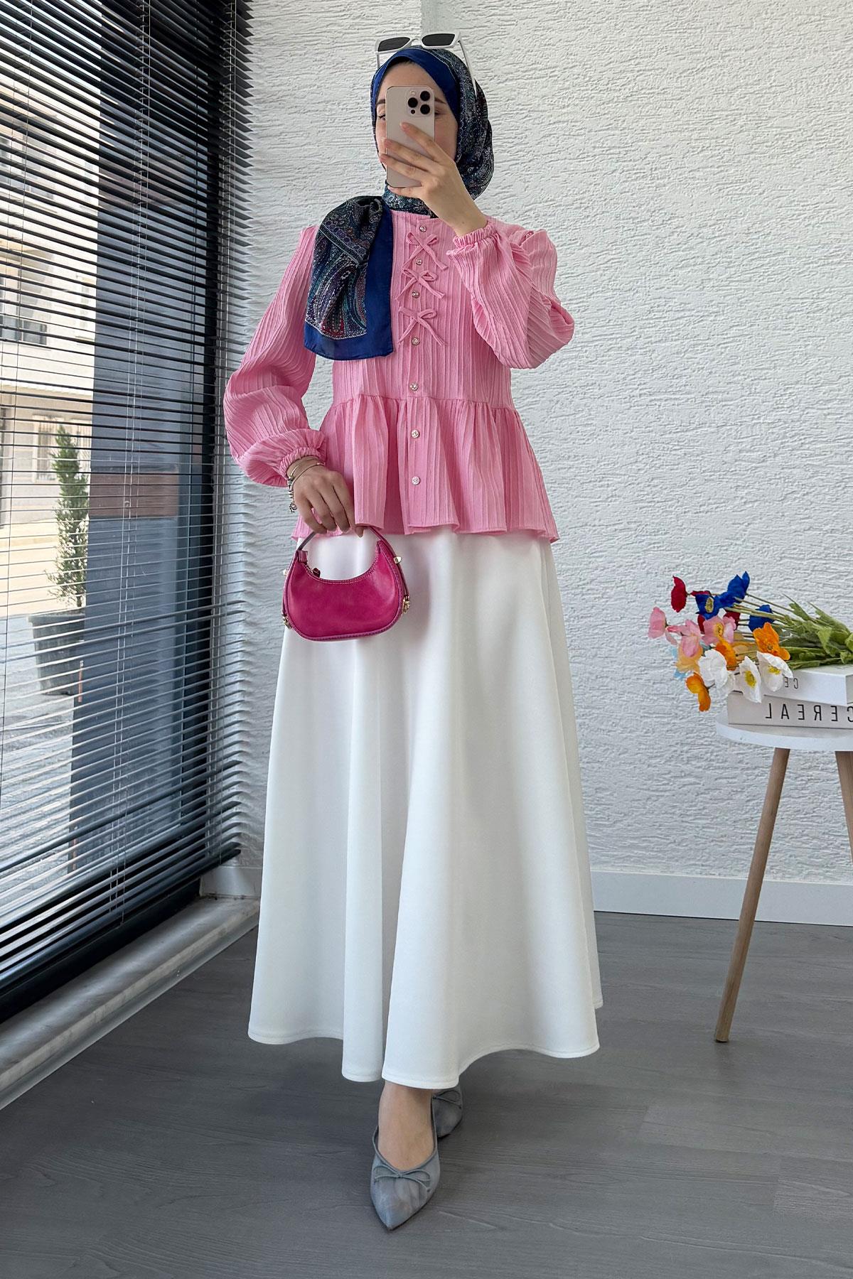 Taş Düğme Detaylı Gofre Bluz - Pembe