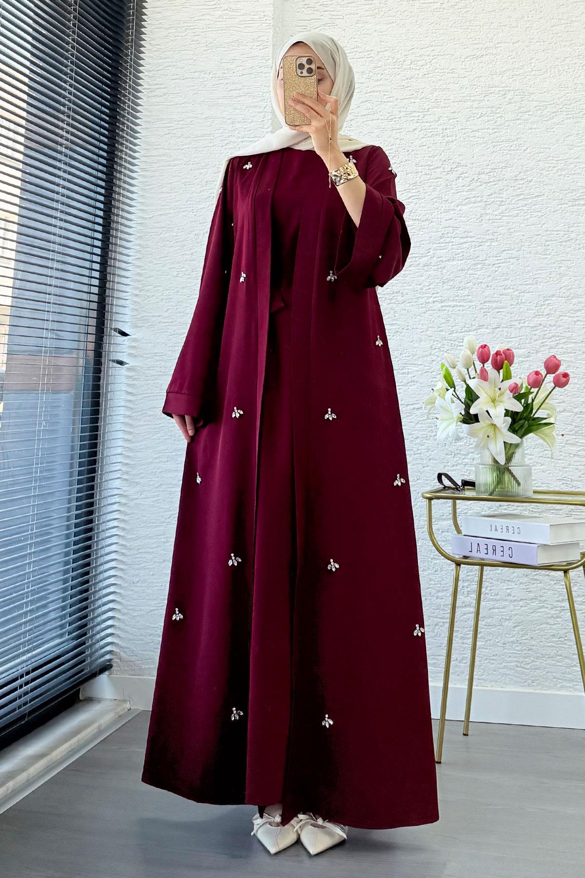 Taş İşlemeli İkili Abaya Takım - Bordo