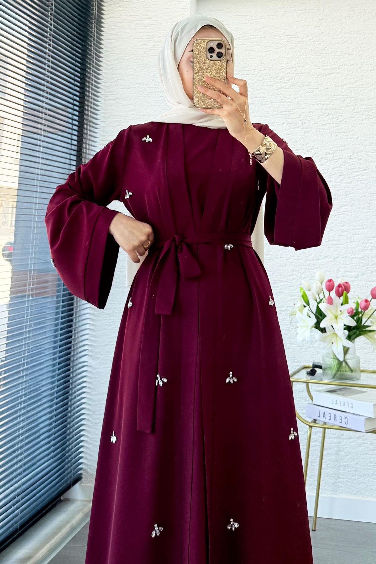 Taş İşlemeli İkili Abaya Takım - Bordo