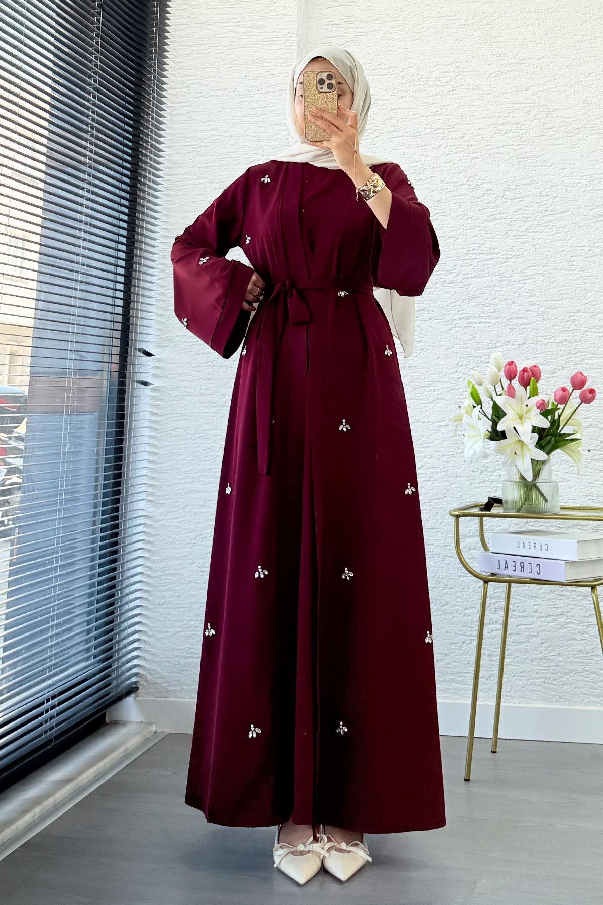 Taş İşlemeli İkili Abaya Takım - Bordo