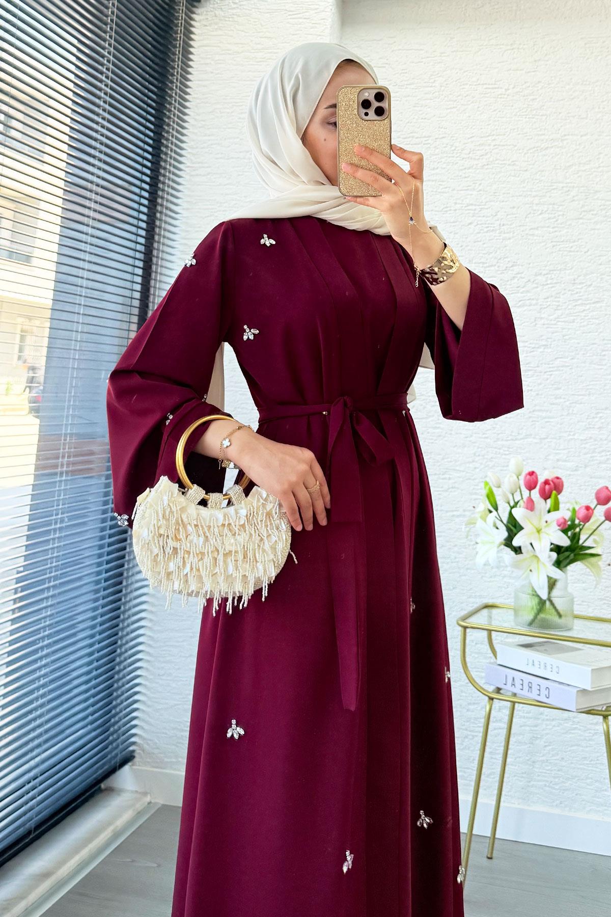 Taş İşlemeli İkili Abaya Takım - Bordo