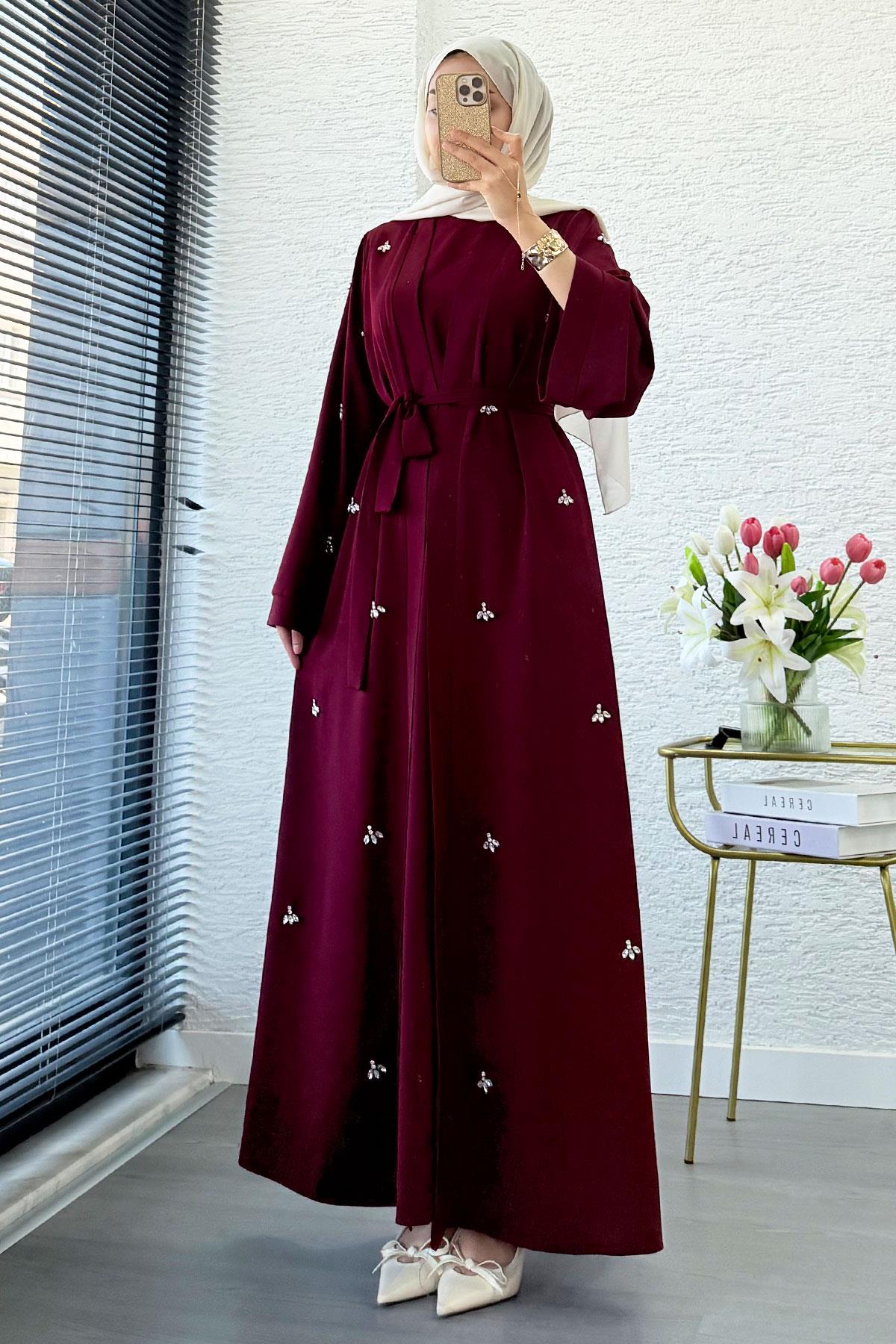 Taş İşlemeli İkili Abaya Takım - Bordo