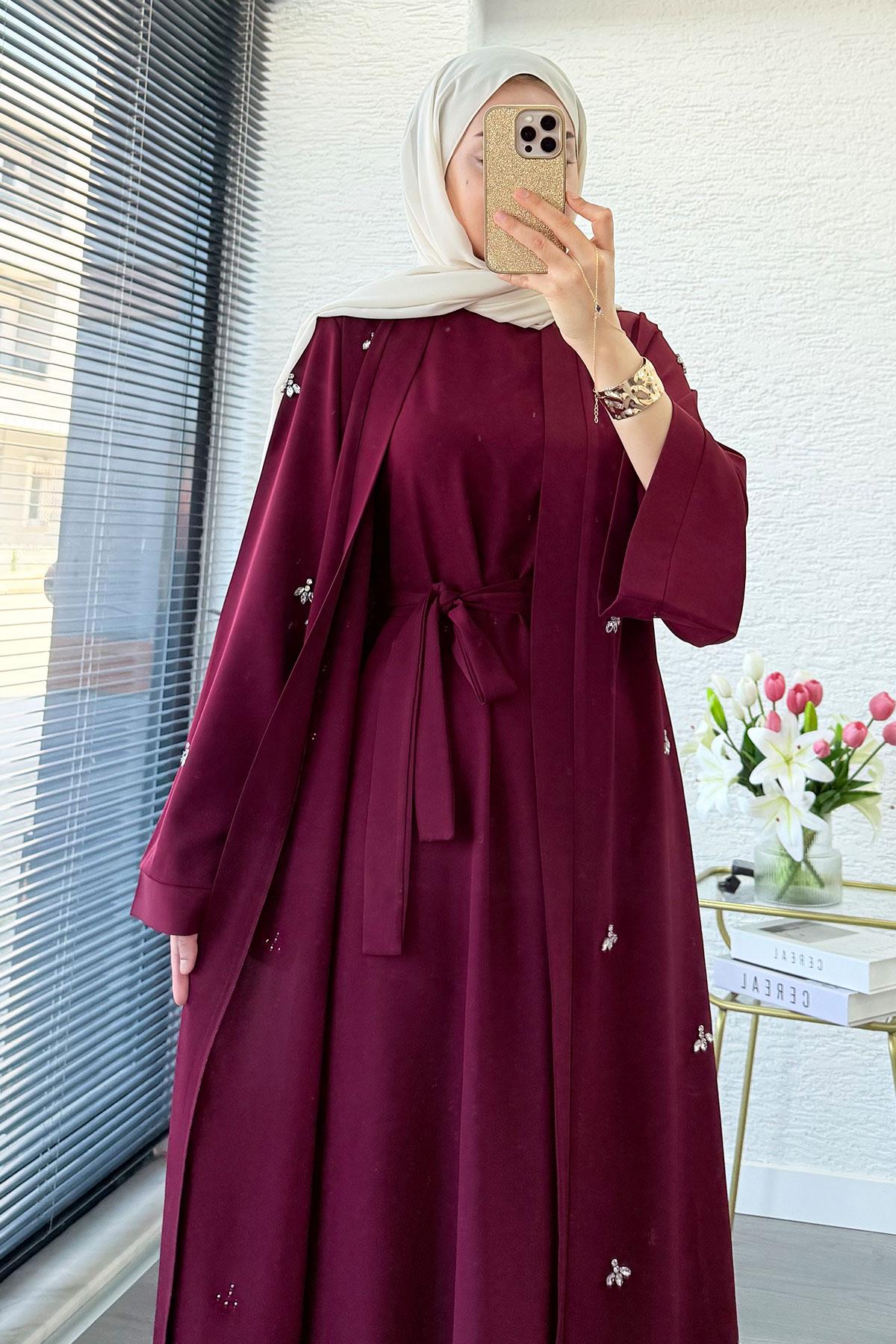 Taş İşlemeli İkili Abaya Takım - Bordo