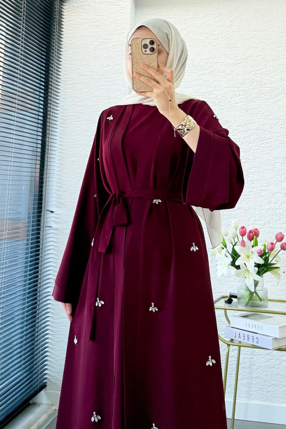 Taş İşlemeli İkili Abaya Takım - Bordo
