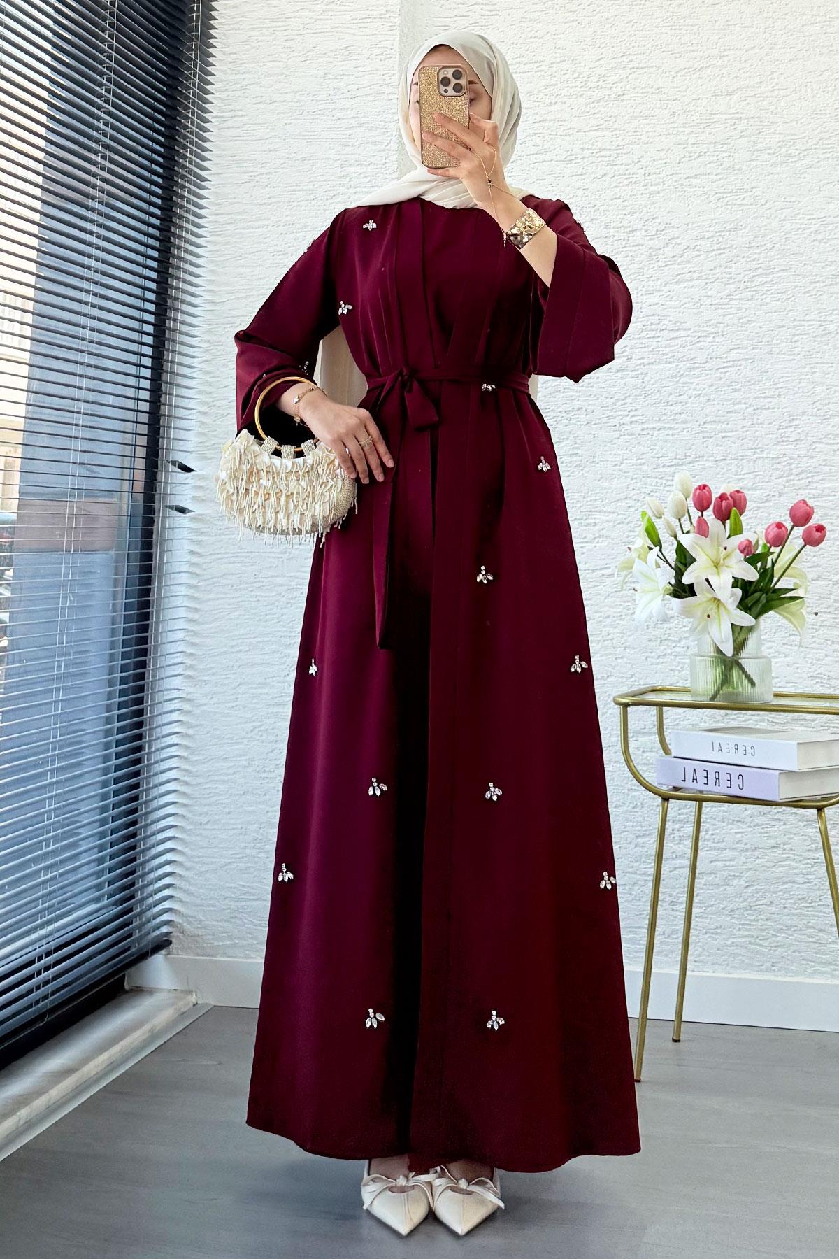 Taş İşlemeli İkili Abaya Takım - Bordo