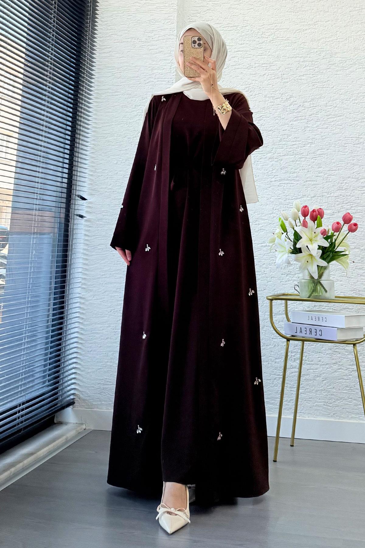 Taş İşlemeli İkili Abaya Takım - Kahverengi