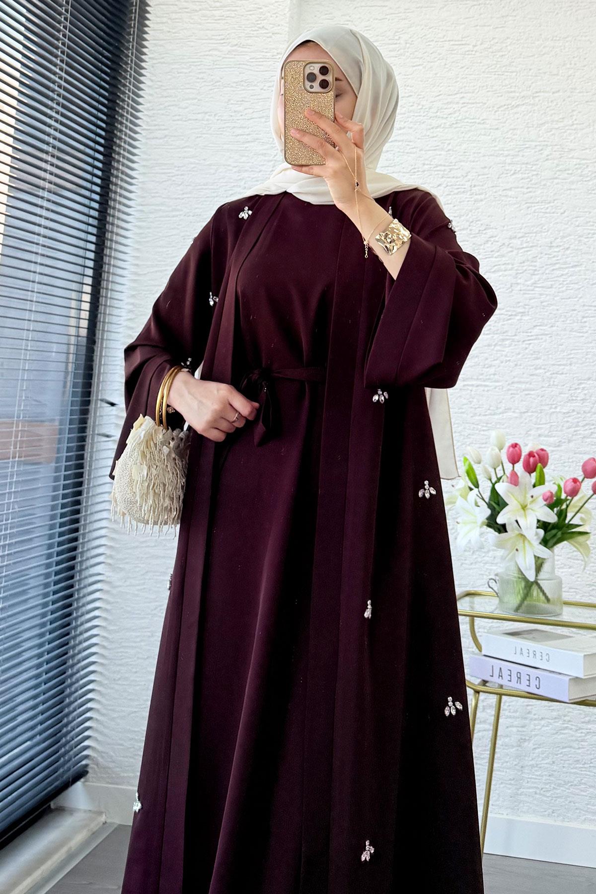 Taş İşlemeli İkili Abaya Takım - Kahverengi