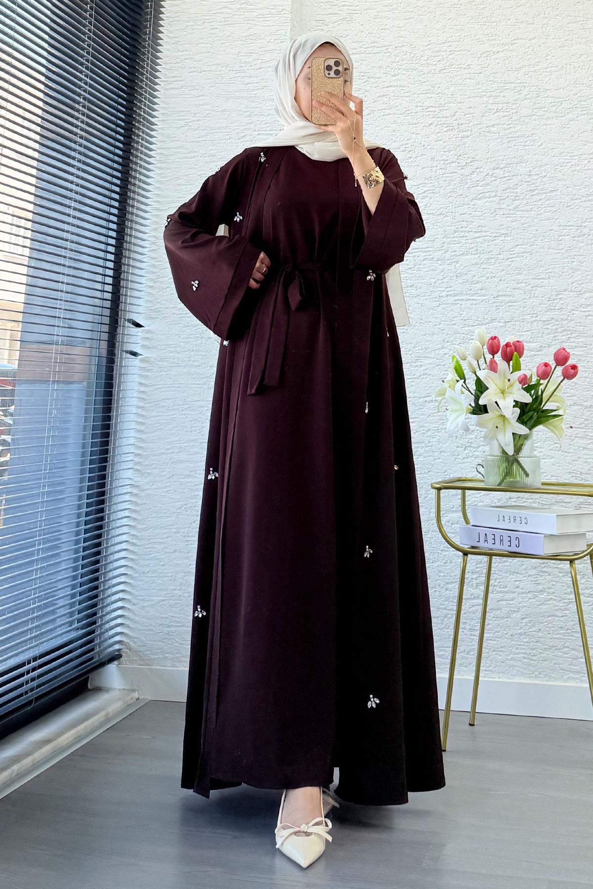 Taş İşlemeli İkili Abaya Takım - Kahverengi