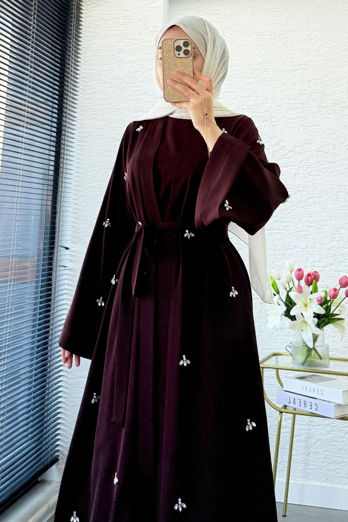 Taş İşlemeli İkili Abaya Takım - Kahverengi