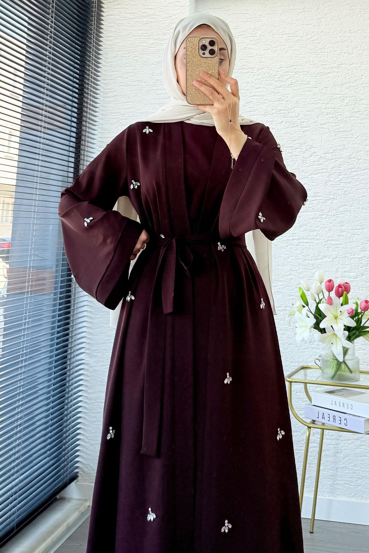 Taş İşlemeli İkili Abaya Takım - Kahverengi