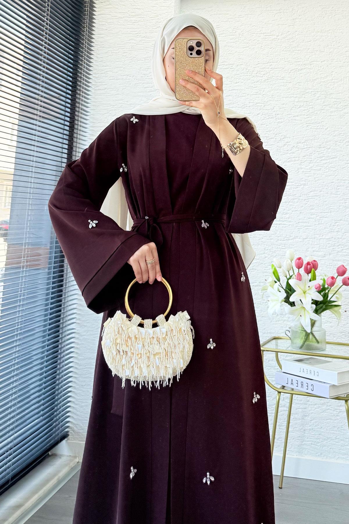 Taş İşlemeli İkili Abaya Takım - Kahverengi