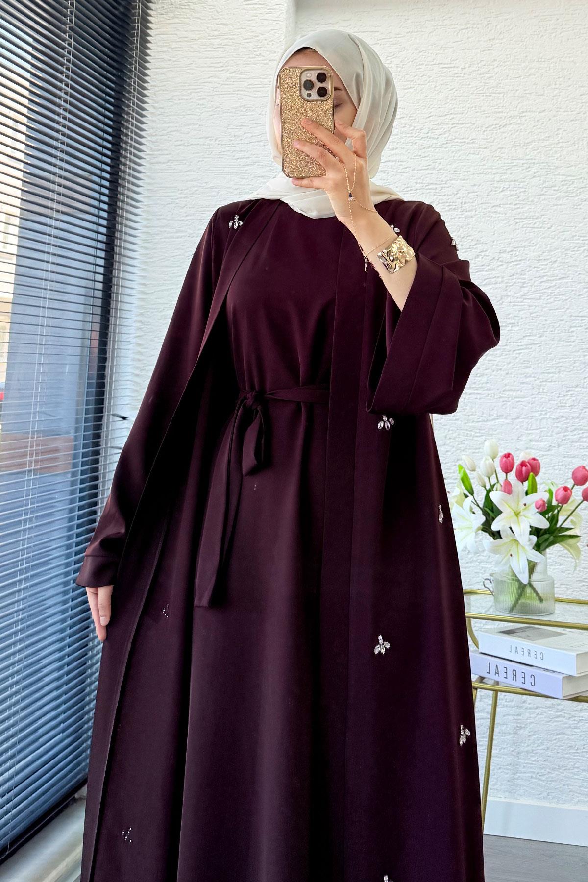 Taş İşlemeli İkili Abaya Takım - Kahverengi