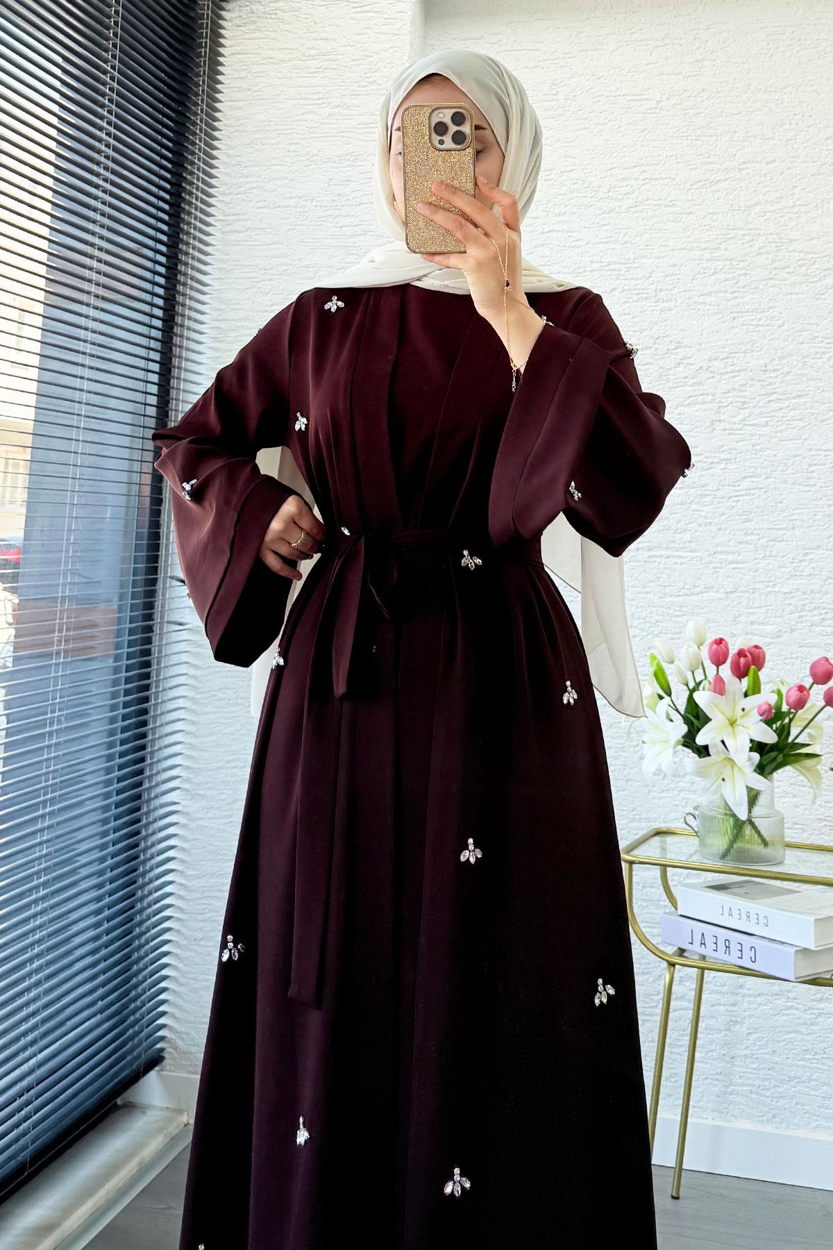 Taş İşlemeli İkili Abaya Takım - Kahverengi