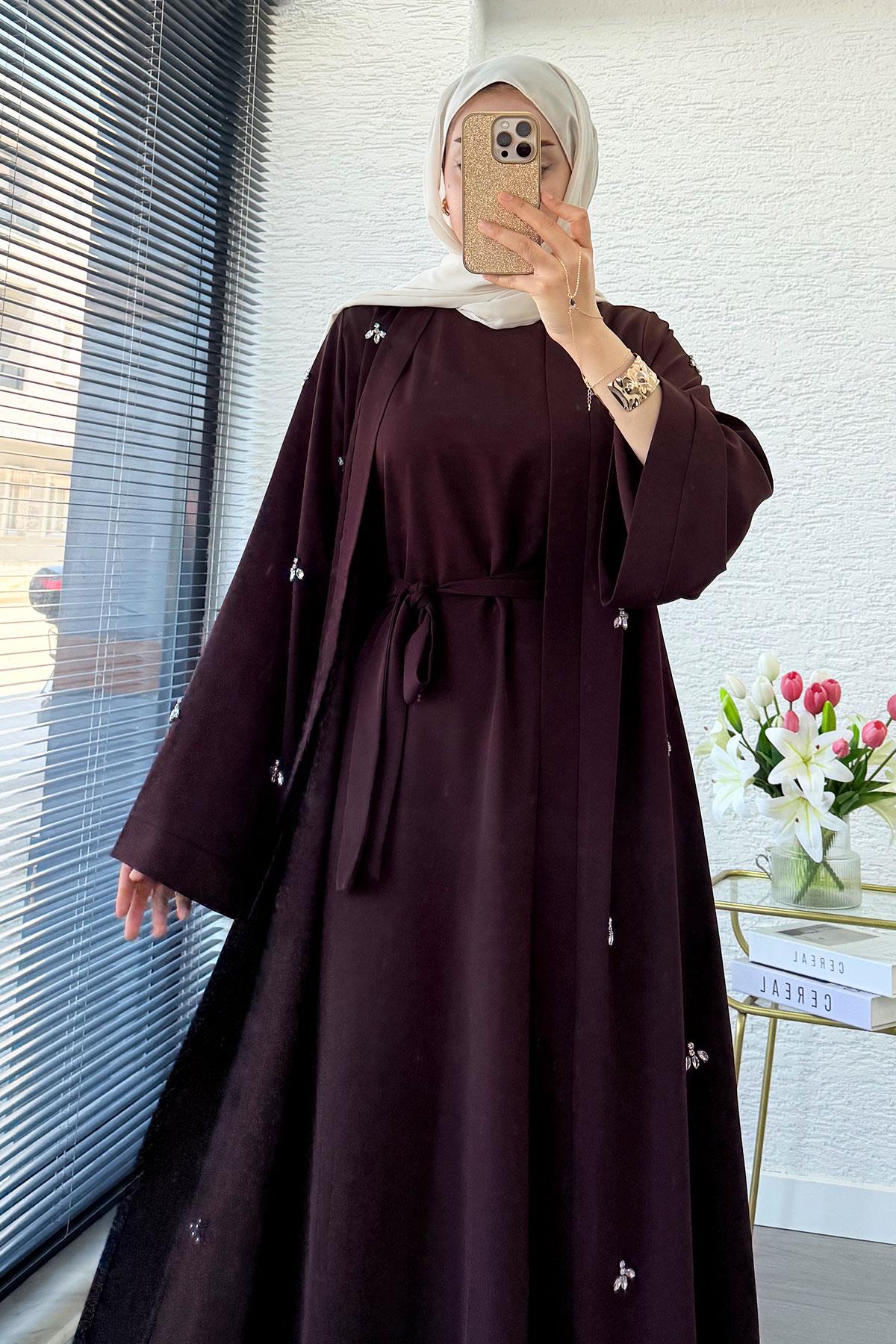 Taş İşlemeli İkili Abaya Takım - Kahverengi