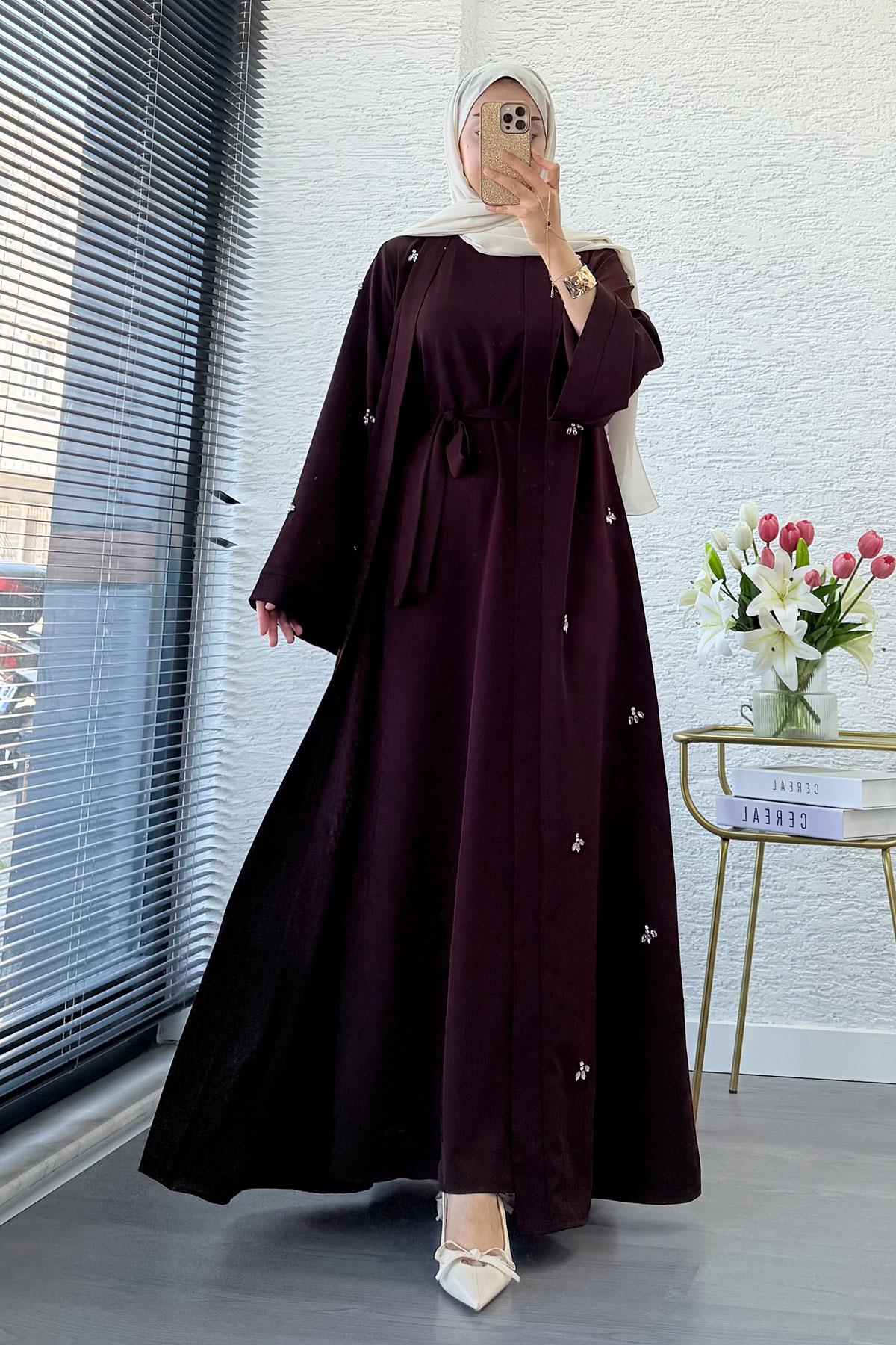 Taş İşlemeli İkili Abaya Takım - Kahverengi