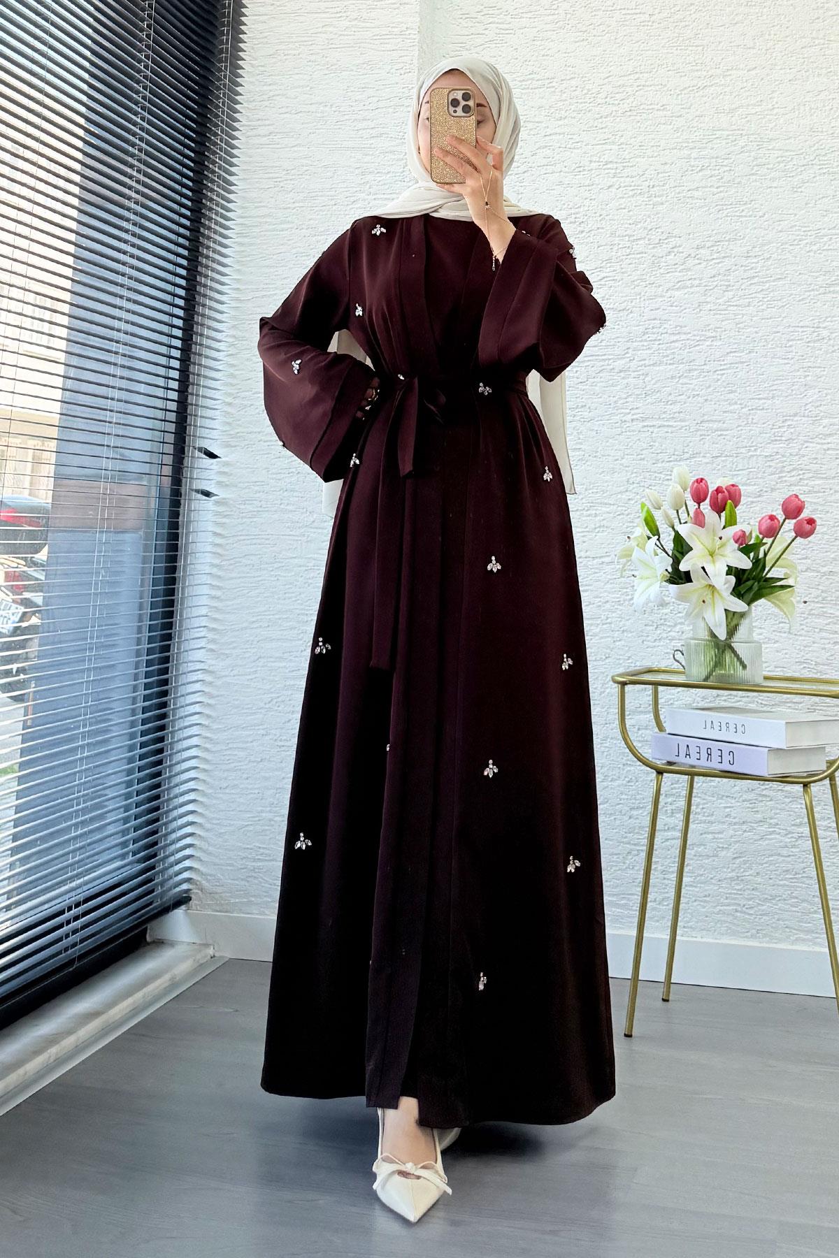 Taş İşlemeli İkili Abaya Takım - Kahverengi