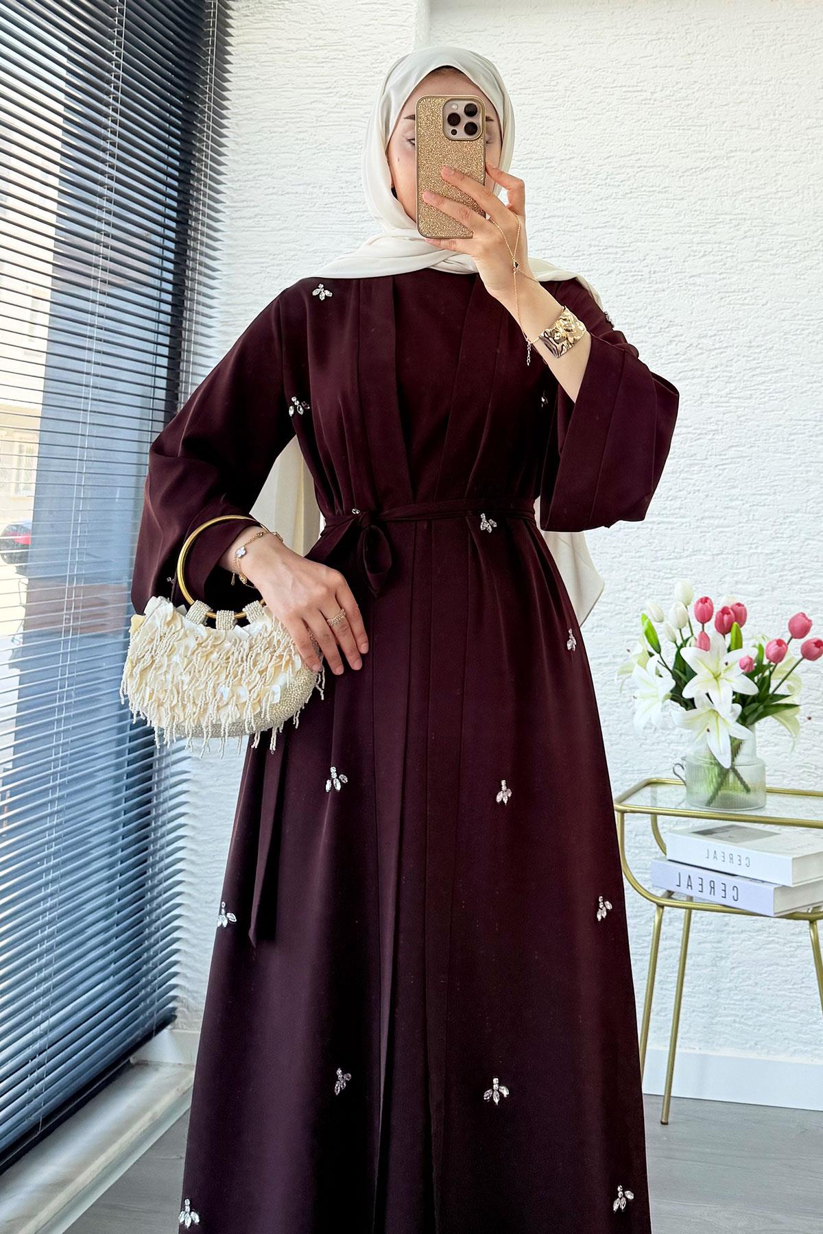 Taş İşlemeli İkili Abaya Takım - Kahverengi