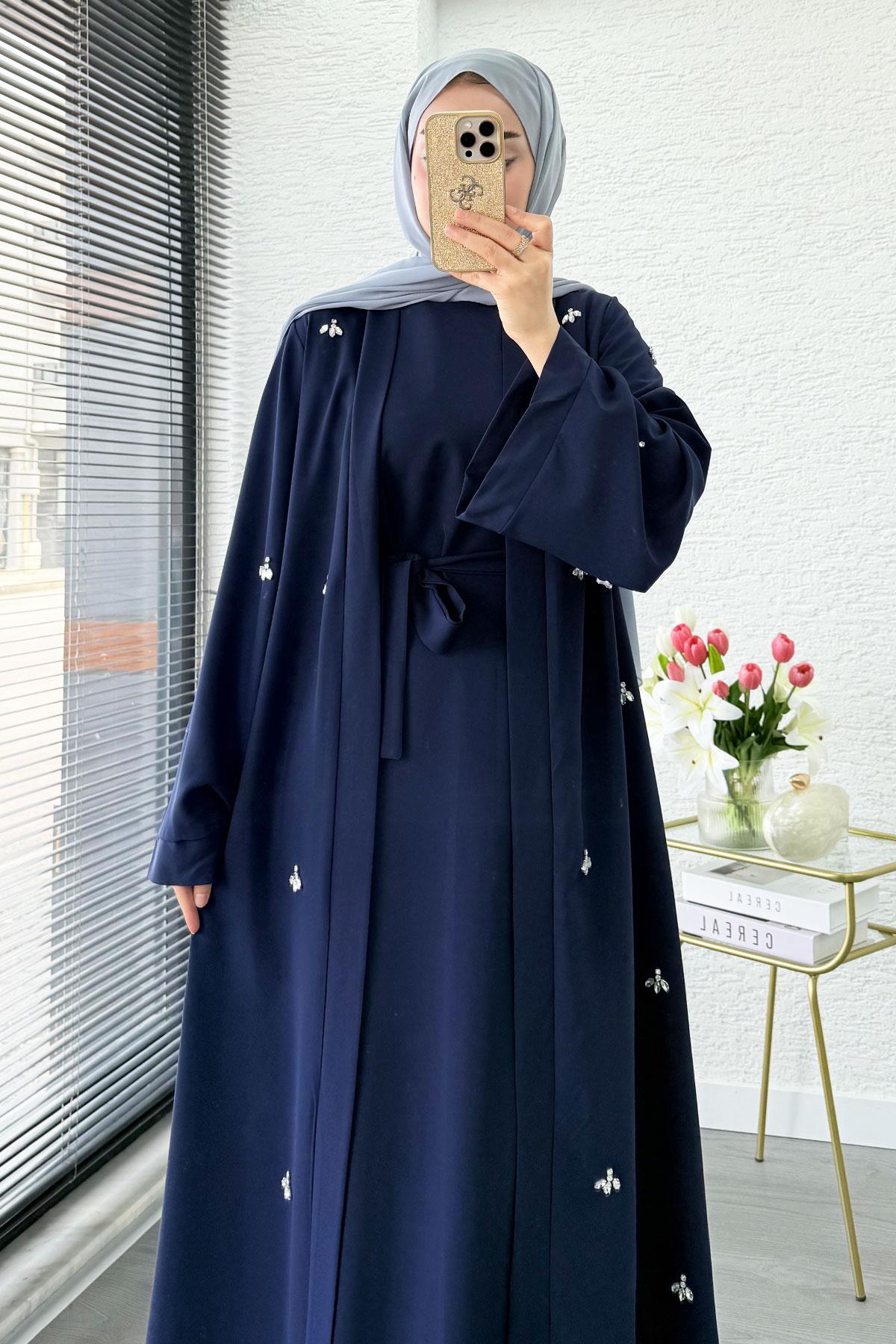 Taş İşlemeli İkili Abaya Takım - Lacivert