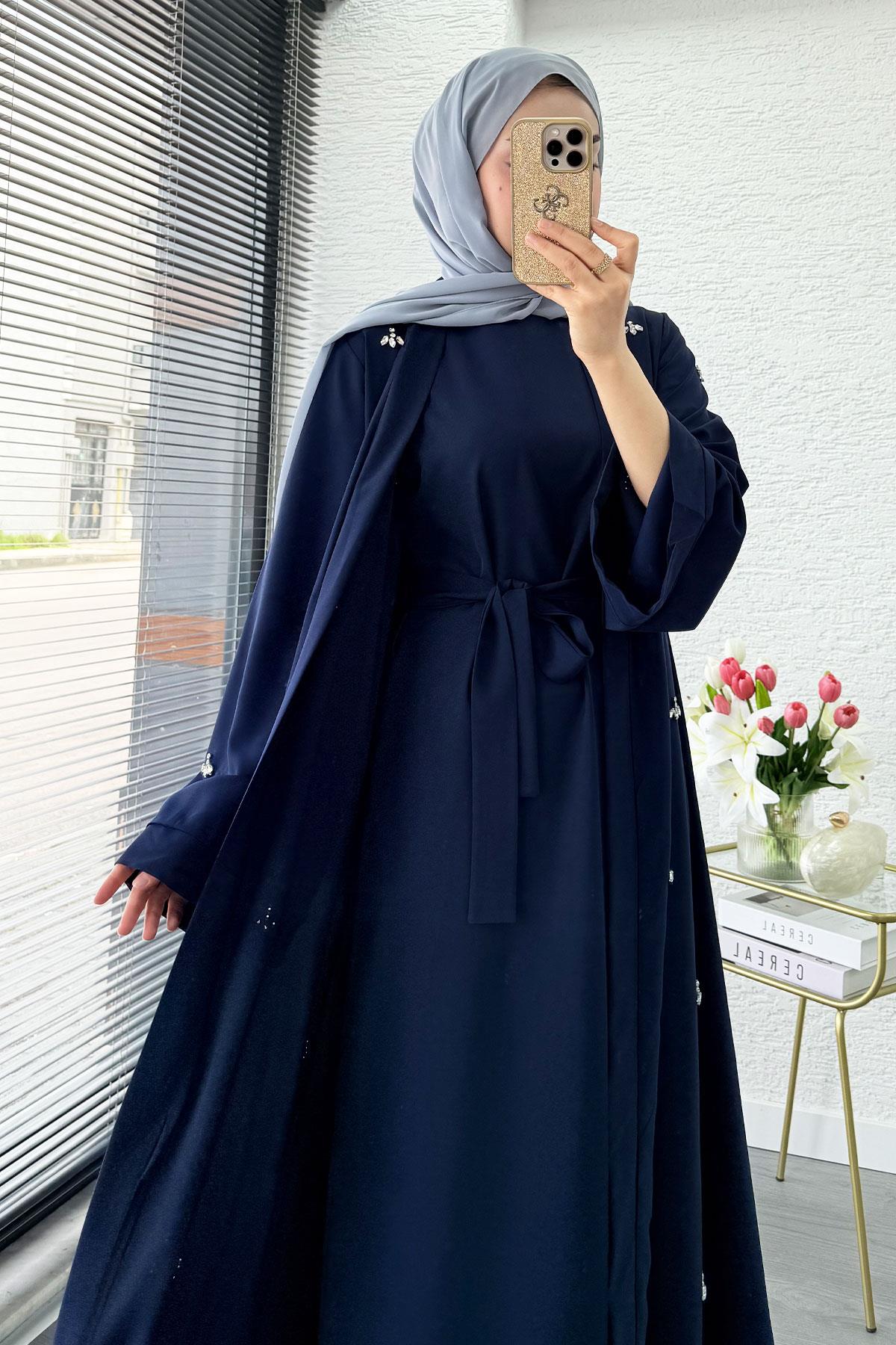 Taş İşlemeli İkili Abaya Takım - Lacivert