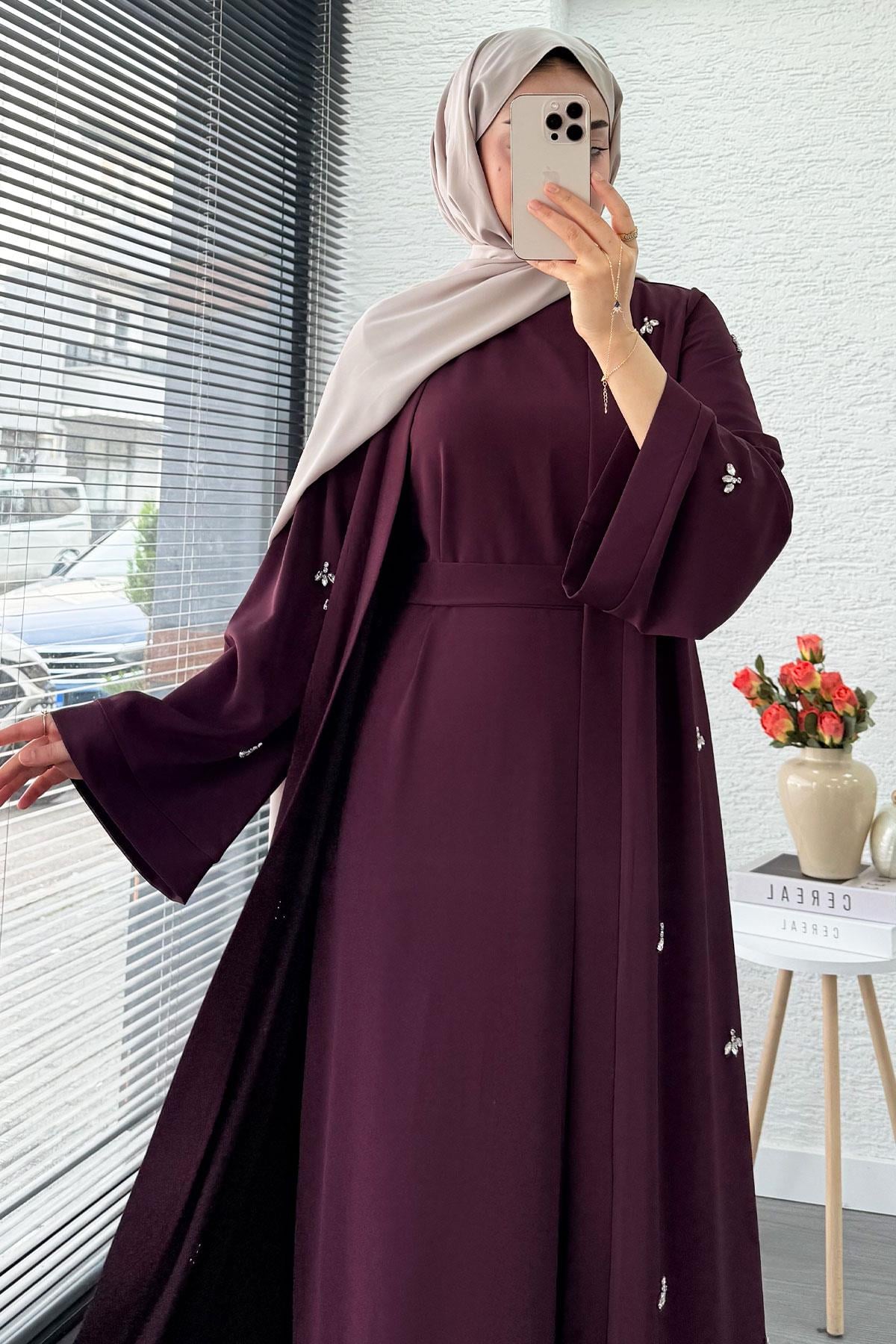 Taş İşlemeli İkili Abaya Takım - Mürdüm