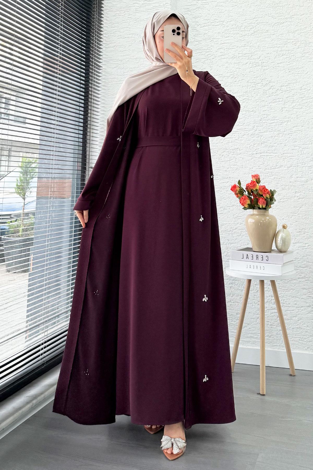 Taş İşlemeli İkili Abaya Takım - Mürdüm